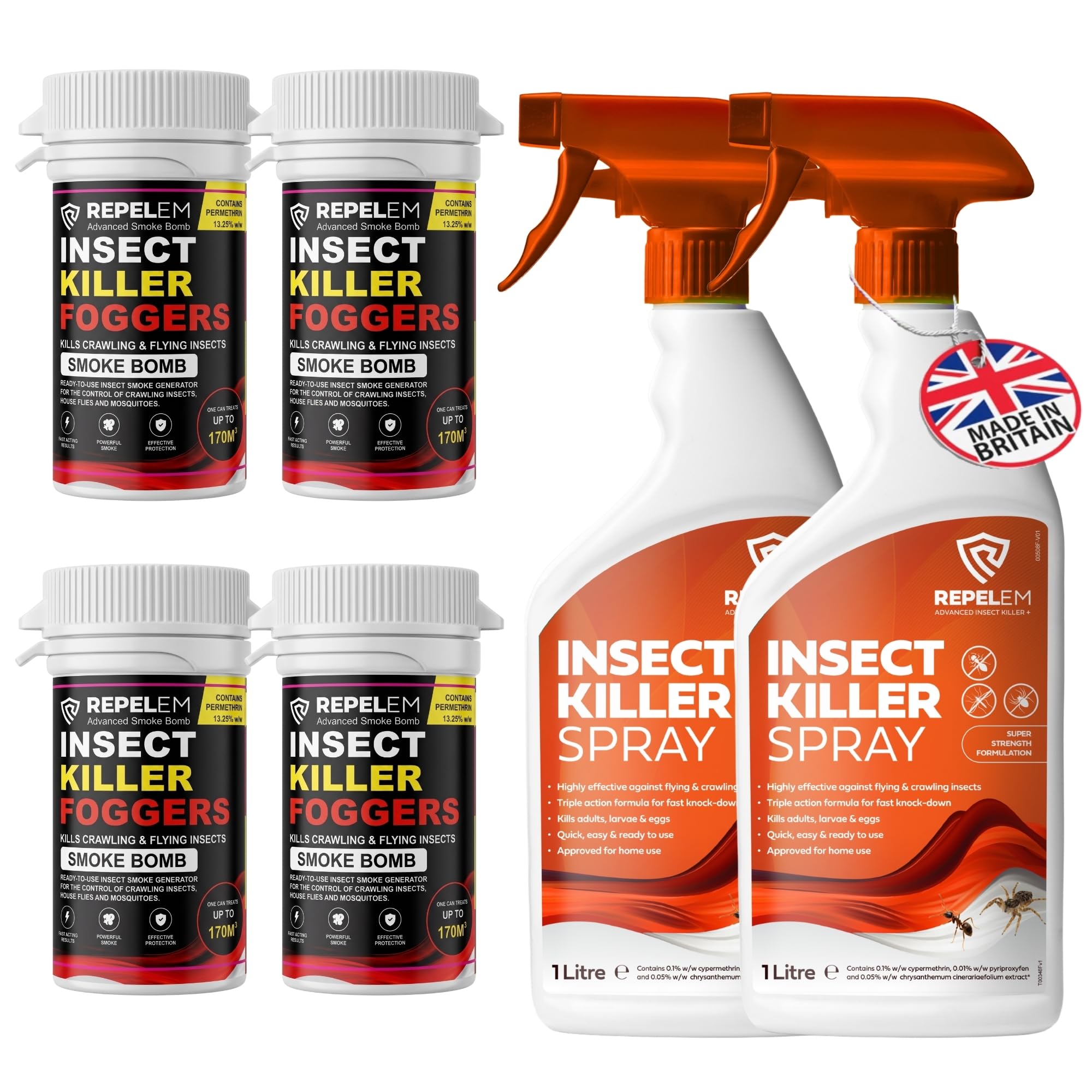 REPELEM Insect Killer Spray - Professional Strength Flying & Crawling Insect Treatment for The Home, Effectively Targets Flies, Ants, Spiders, 2L Insect Killer Spray with 4 Smoke Bombs