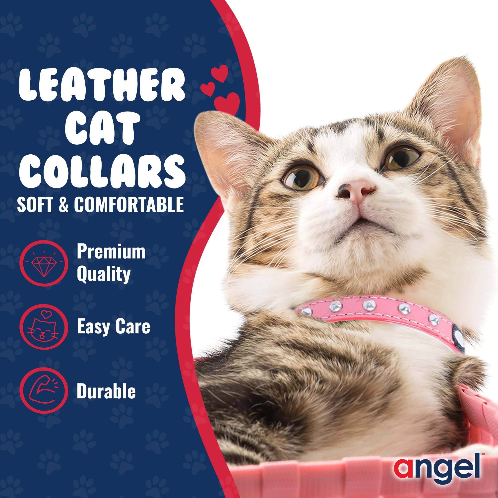 Angel Pet Supplies Inc. Ángel Mascota Suministros Piel Tachonado Collar de Gato con Seguridad elástico Stretch, 12 por 1/2-inch, Rosa