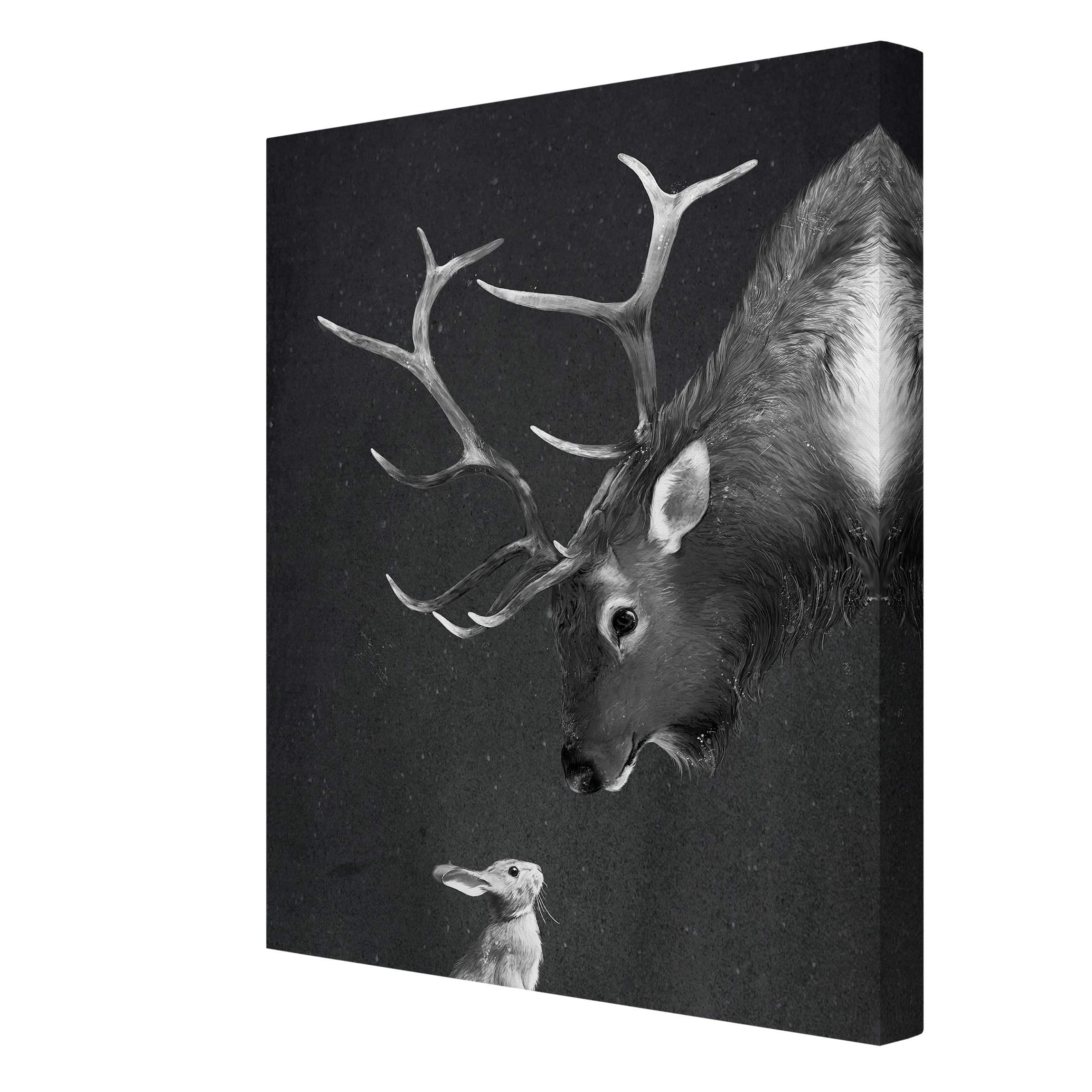 Leinwandbild - Illustration Hirsch und Hase Schwarz Weiß Malerei 80 x 60 cm