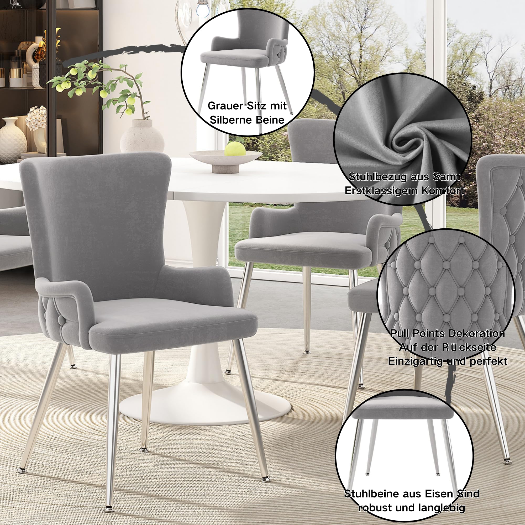 Bladez Juego de 4 sillas de comedor de terciopelo, sillas de salón con patas de metal, color beige (4, gris y plateado, 47 x 49 x 85)