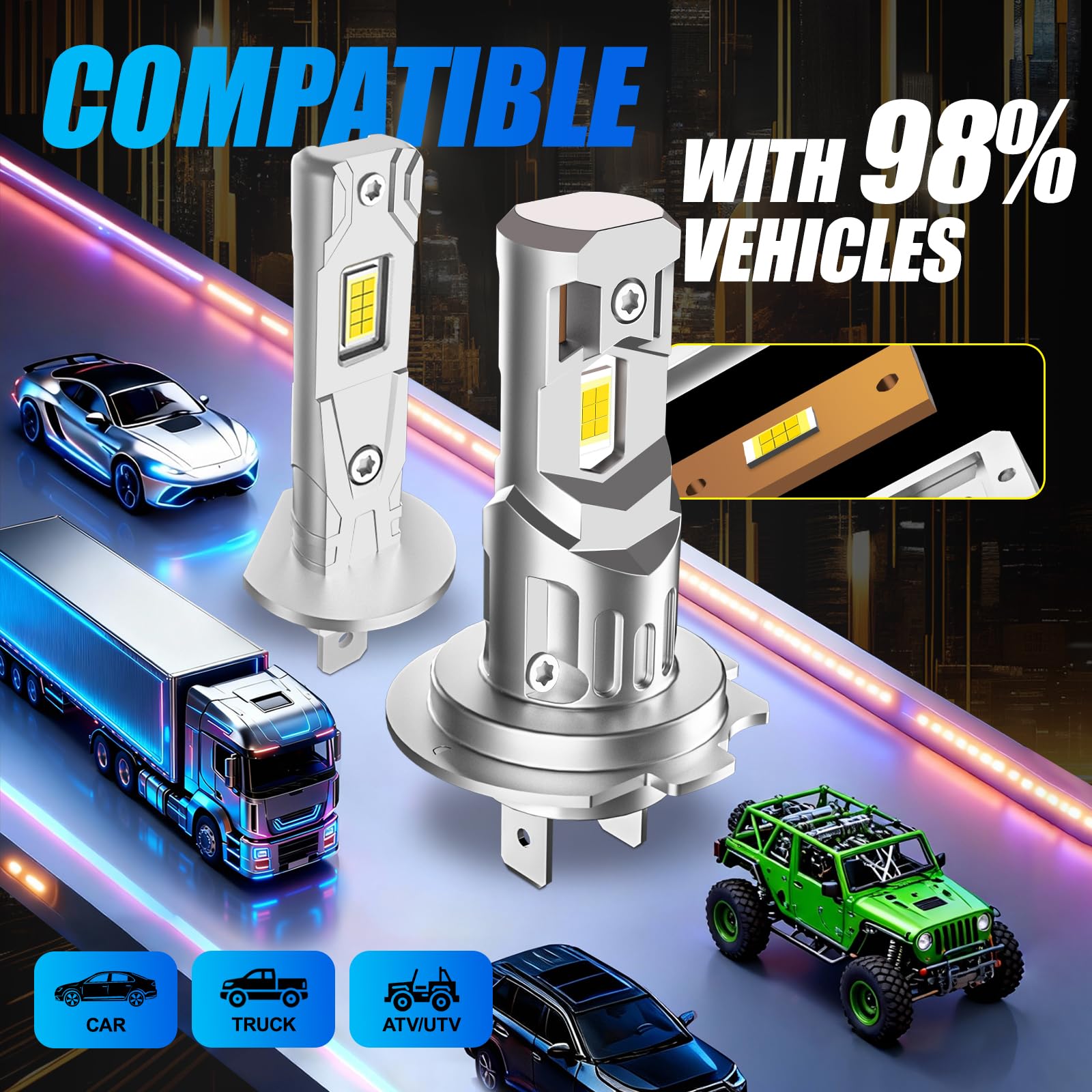 Kit Fari Led H1 H7, Kit Di Conversione Fari Abbaglianti/Anabbaglianti - Bianco Freddo 6000k, Luminosità 30000 Lumen, Pronto All'Uso, Compatibile Con La Maggior Parte Delle Auto, 2 Paia (H1x2 + H7x2)