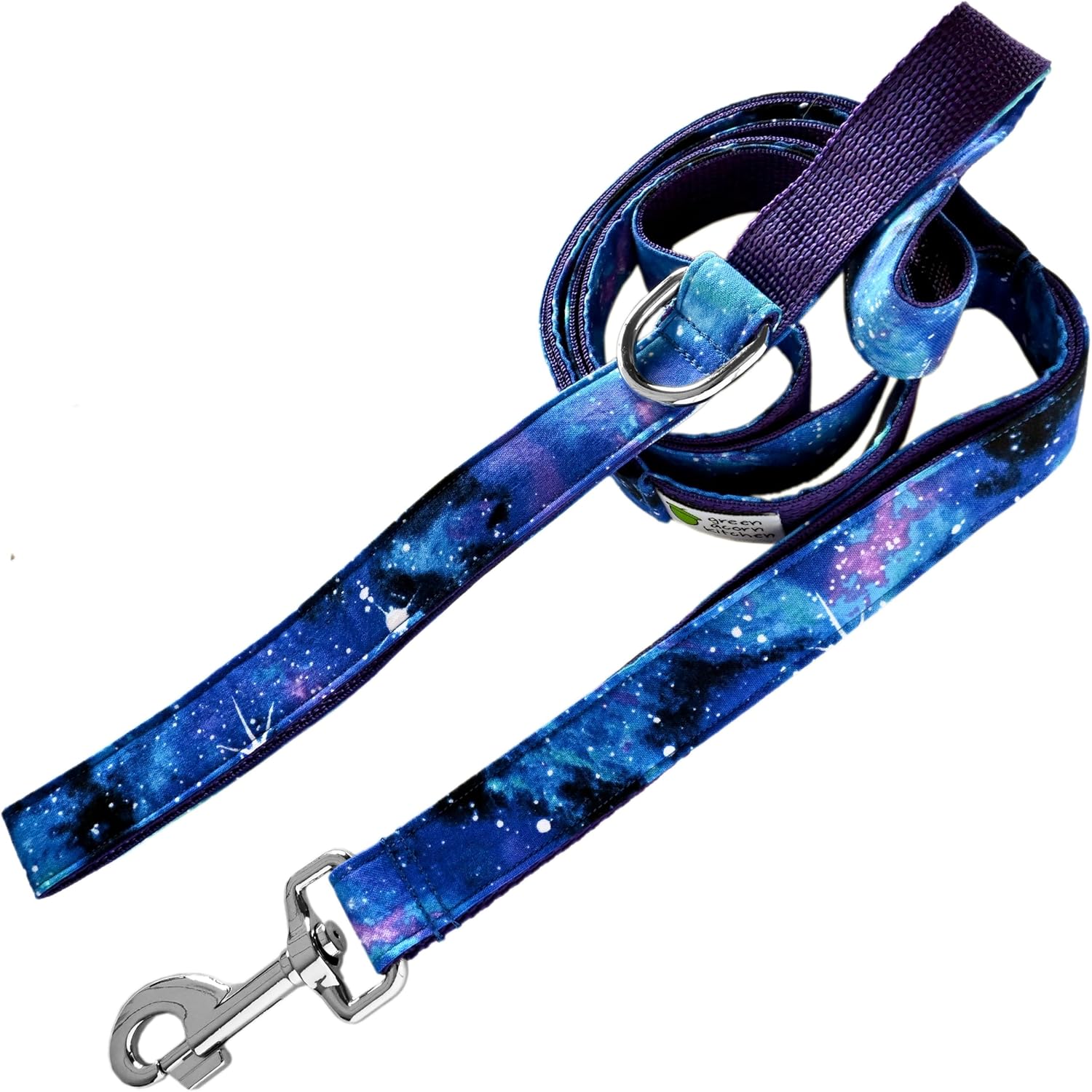 Triple Handle Dog Leash - 3 Handles at 12, 20, & 72 Inches - 6 Foot Lead - Galaxy Print on Purple Webbing - Handmade by Green Acorn Kitchen (Silver Hardware)