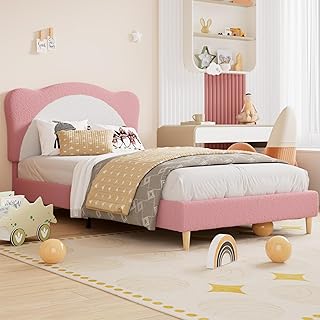 GarveeHome Twin Size Bed Frame for Kids - Cute Velvet Princess Platform Bed with Upholstered Headboard for Girls/Boys, Solid Wood Slats Support, No Box Spring Needed, Pink + White