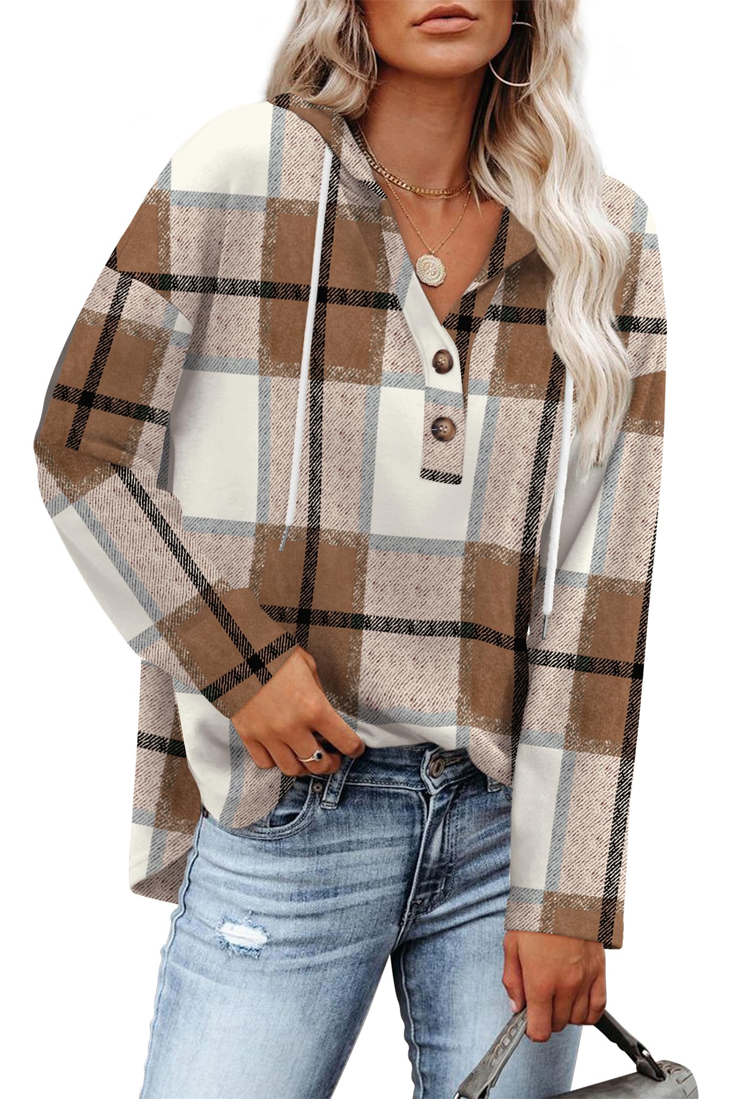 RUMIA Tops para mujer, sudadera con cuello en V y botones para mujer, camisetas largas de manga larga, trajes de otoño 2025, ajuste holgado, tallas S-3XL - Imagen 1
