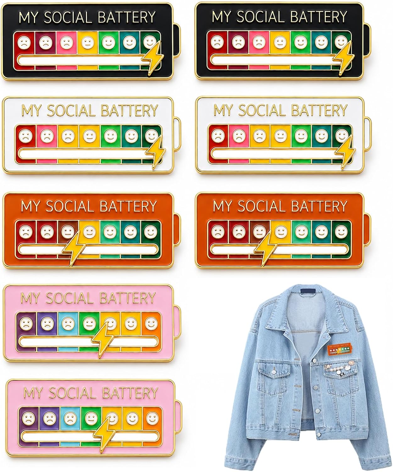 8 Pcs Social Battery Slider Pin Enamel Mood Interactive Brooch