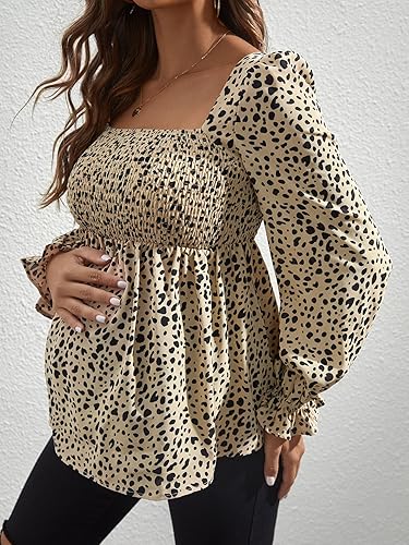 Miniatura 5 de OYOANGLE Blusa de maternidad estampada con cuello cuadrado y volantes de manga larga abombada para el trabajo