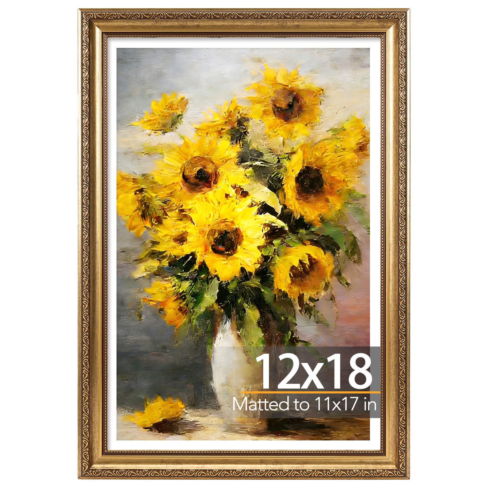 JCJMY 12x18 Vintage Picture Frame with 11x17 Mat, Elegant Retro 12 by 18 Photo Frame, Gold, 1 Pack
