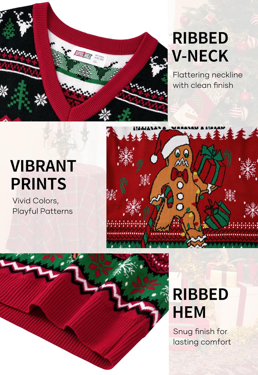 Arvilhill Mens Christmas Sweater Vest Ugly V-Neck Sleeveless Santa Gingerbread Pullover (S-3XL) - Image 6