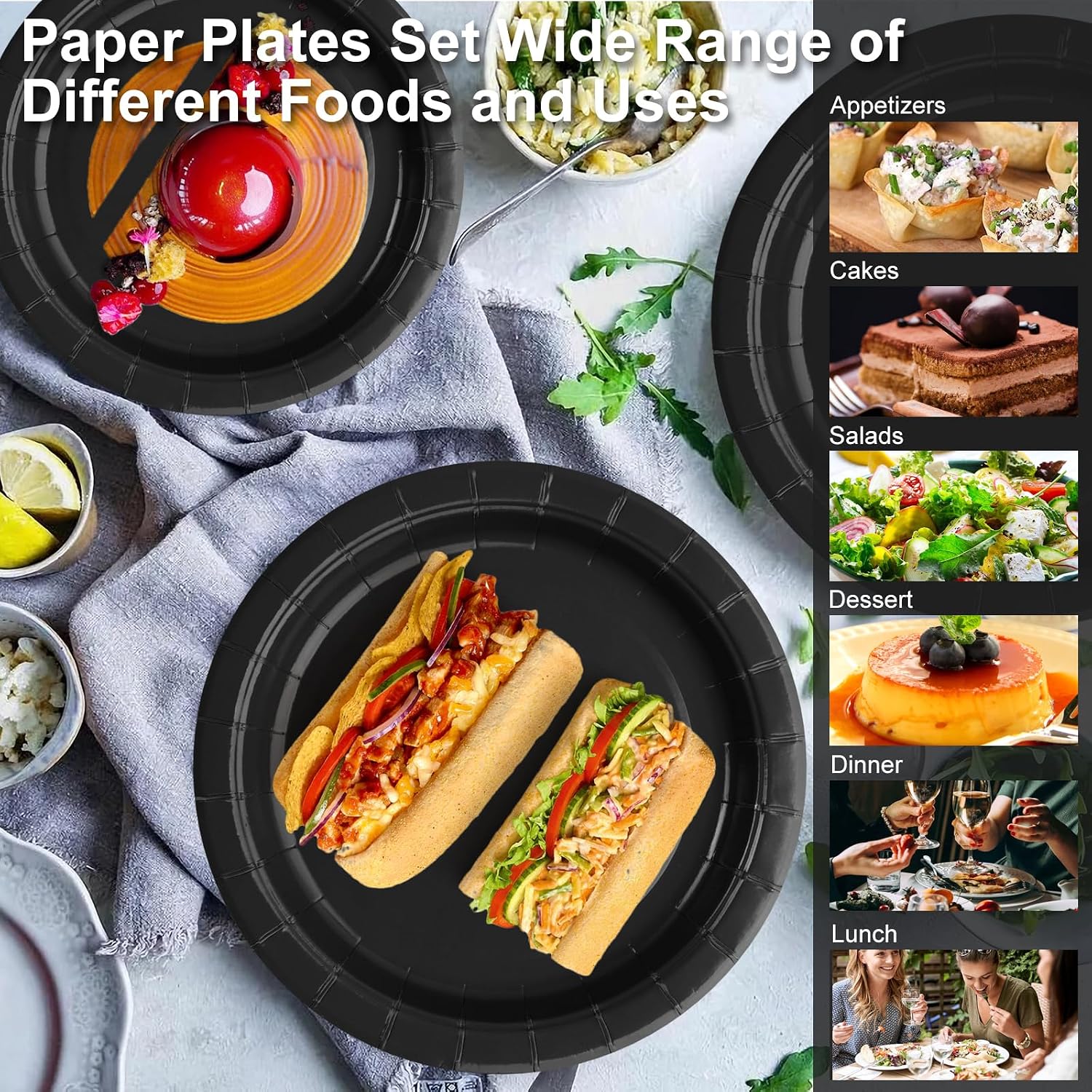 Black Paper Party Plates Supplies 400GSM -100pcs - 50 x 10 Dinner Plates and 50 x 8 Dessert Plate,Suitable for Birthday,Family Gathering,Retirement,Graduations,Holidays