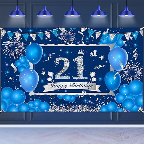 Cartel azul de decoración de cumpleaños número 18 para niños y niñas, telón de fondo azul marino y plateado de feliz cumpleaños 18, suministros de