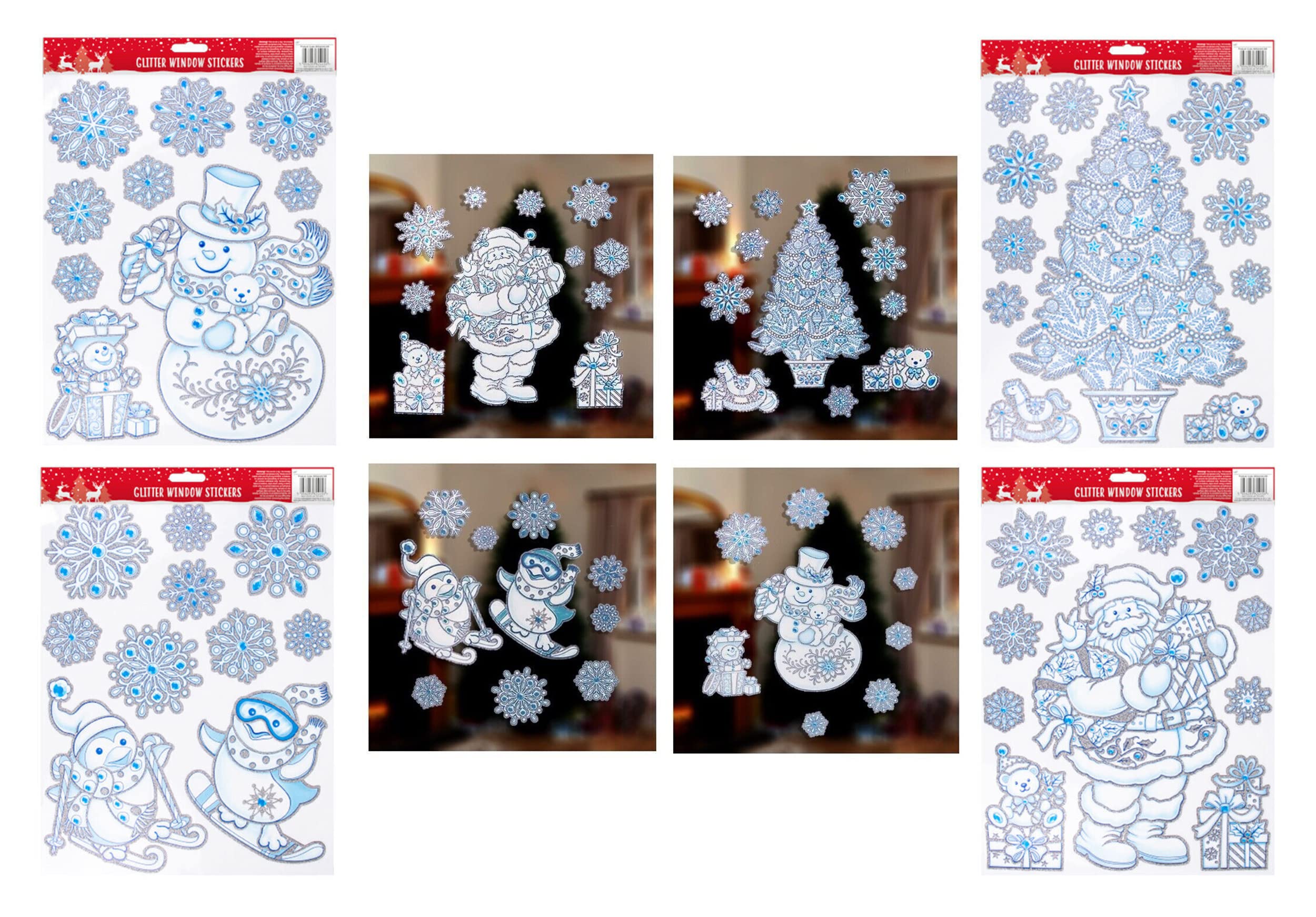 Srv Hub 4Pk Glitter Window Stickers 41Pcs Christmas Window Stickers, Santa, Penguin, Snowman & Snowflake Design, 4 Sheets Reusable Double-Sided Xmas Window Clings, Large Decals For Shop & Home Glass Holiday Decorations