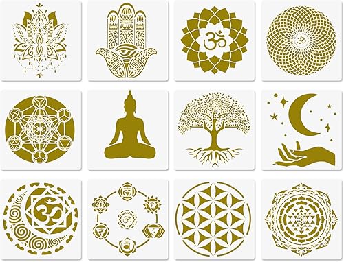 Plantillas de geometría sagrada – 12 plantillas de yoga con Om, loto, chakra, mandala, hamsa, sol, luna símbolos para pintar sobre madera, tela,