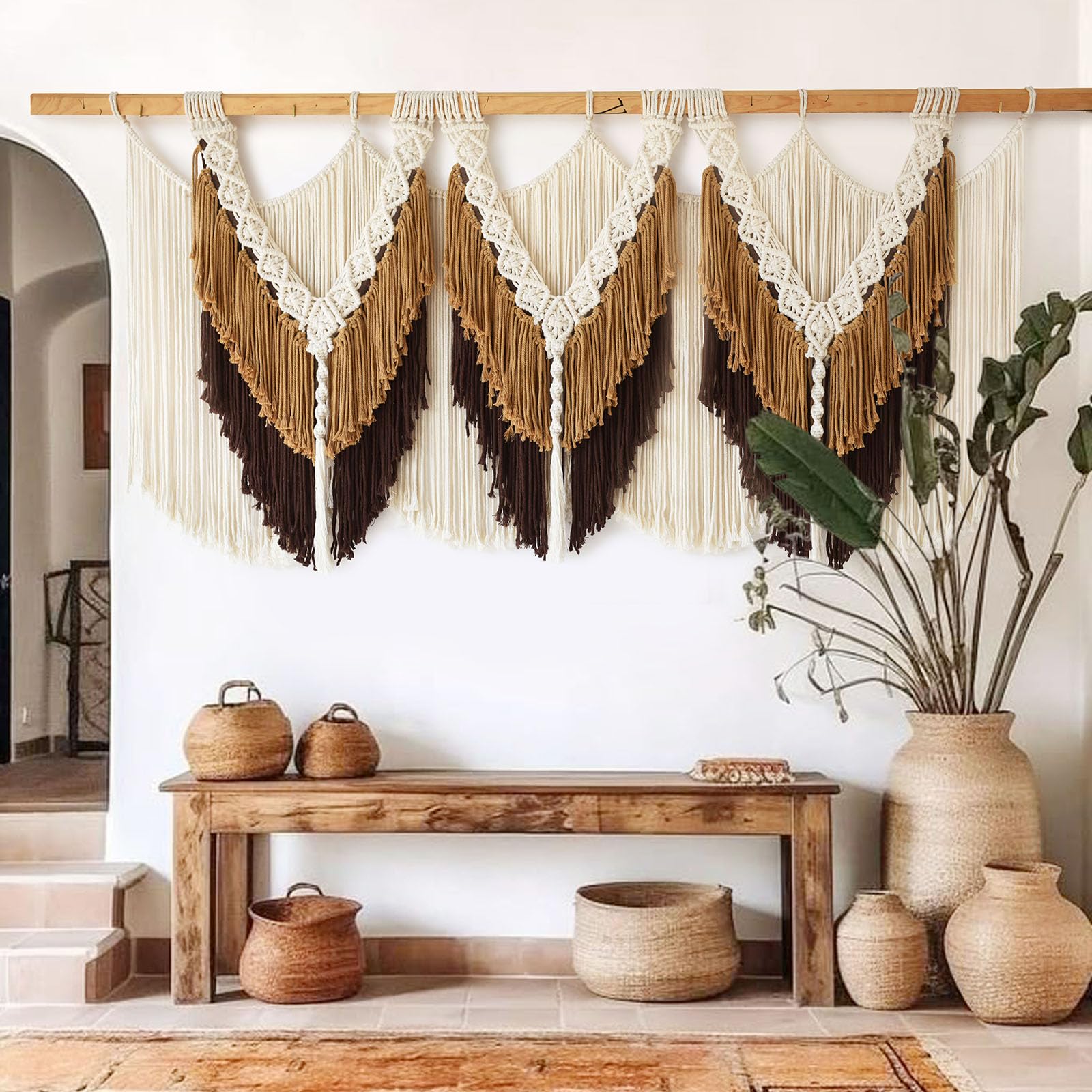 Makramee-Wandbehang, braune Quaste, Knoten, Faser, Kunst, Boho-Dekor, 119,4 x 63,5 cm (B x L)