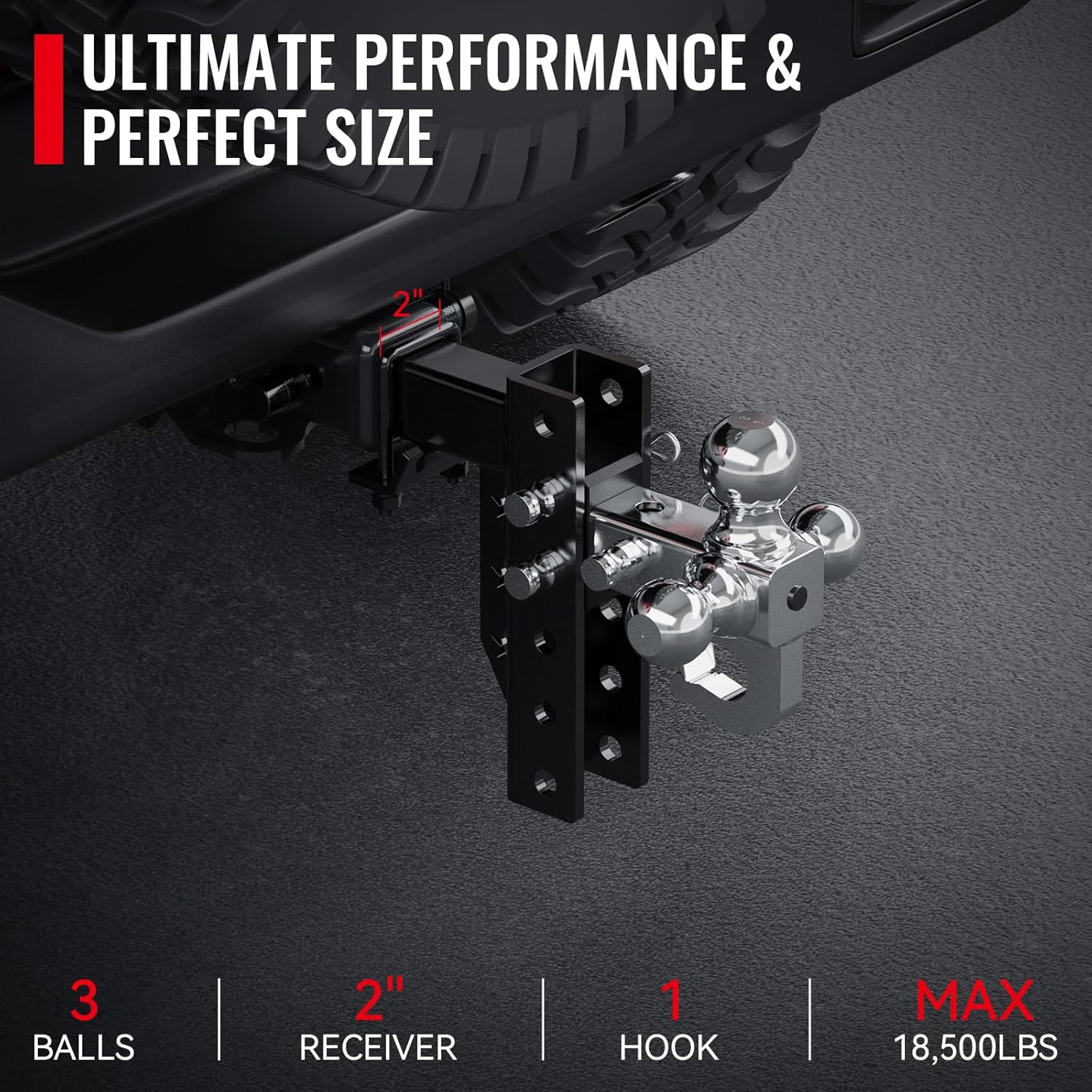 Adjustable Trailer Hitch, 6 Inch Drop/Rise Ball Mount Hitch with 3 Ball hitches and a Hook, Alloy Steel Drop Hitch Fits 2-Inch Receiver, 18,500 LBS GTW-Drop Hitch Ball Mount for Heavy Duty Truck