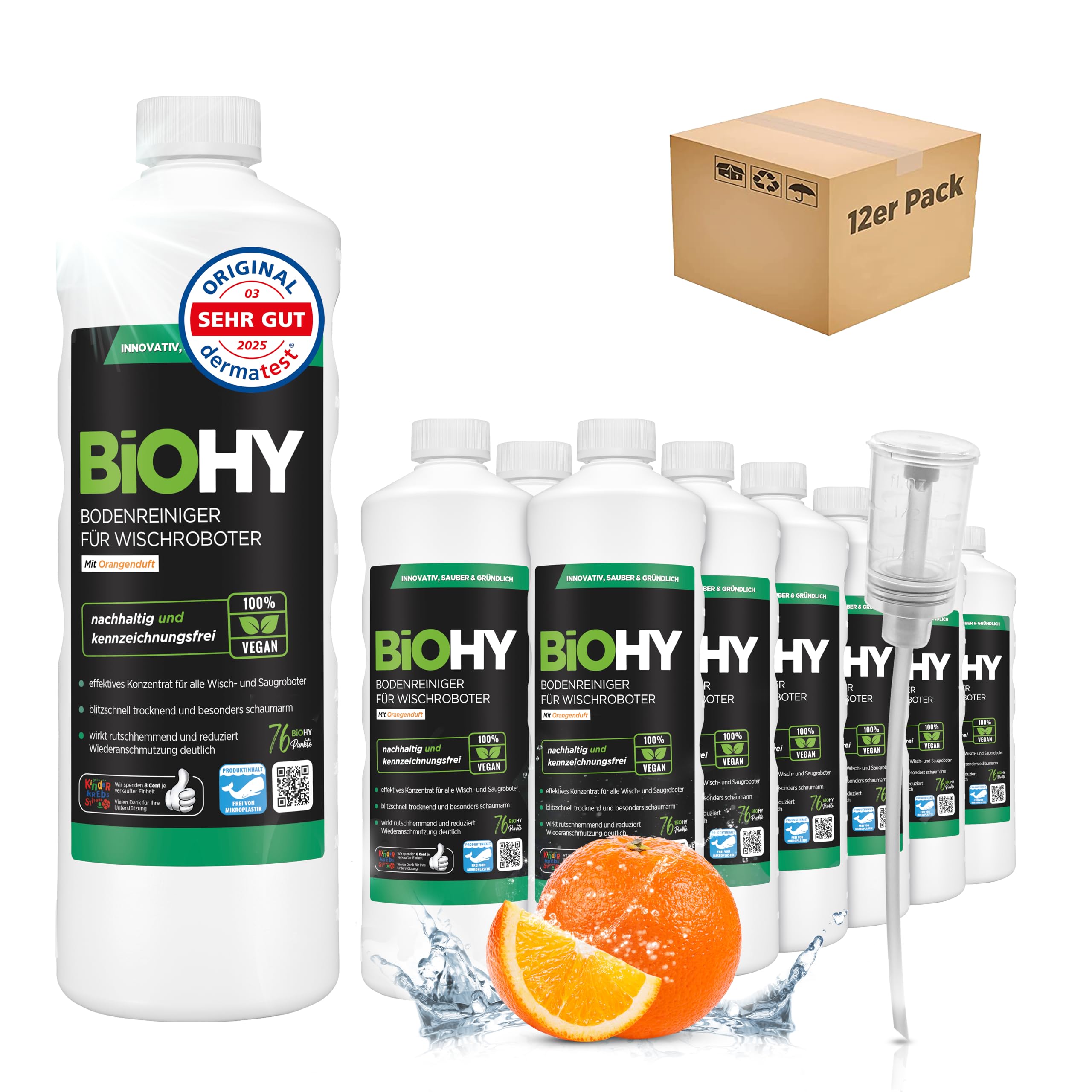 BiOHY Limpia Suelos para Robots de Limpieza con Aroma a Naranja (12 Botellas de 1 Litro) con Dosificador | Concentrado de Limpieza para Todos los Robots