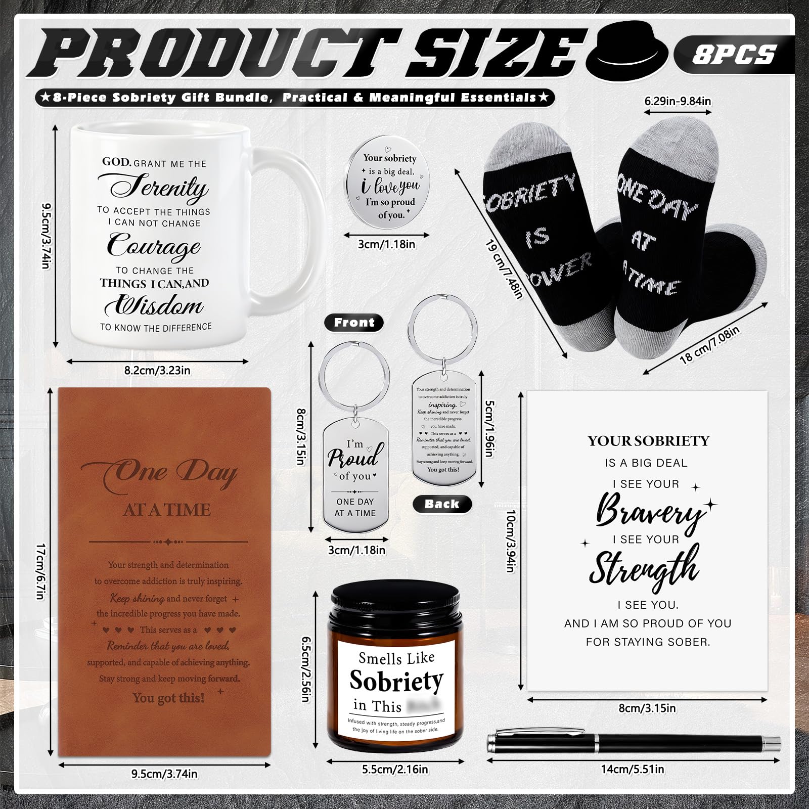 8 Pcs Sobriety Gifts for Men Women Sober Anniversary Present Set Alcoholics Anonymous Gifts Include Mug Socks Candle Journal Pen Sober Card Coin & Keychain Meaningful Sobriety Black Gift Box