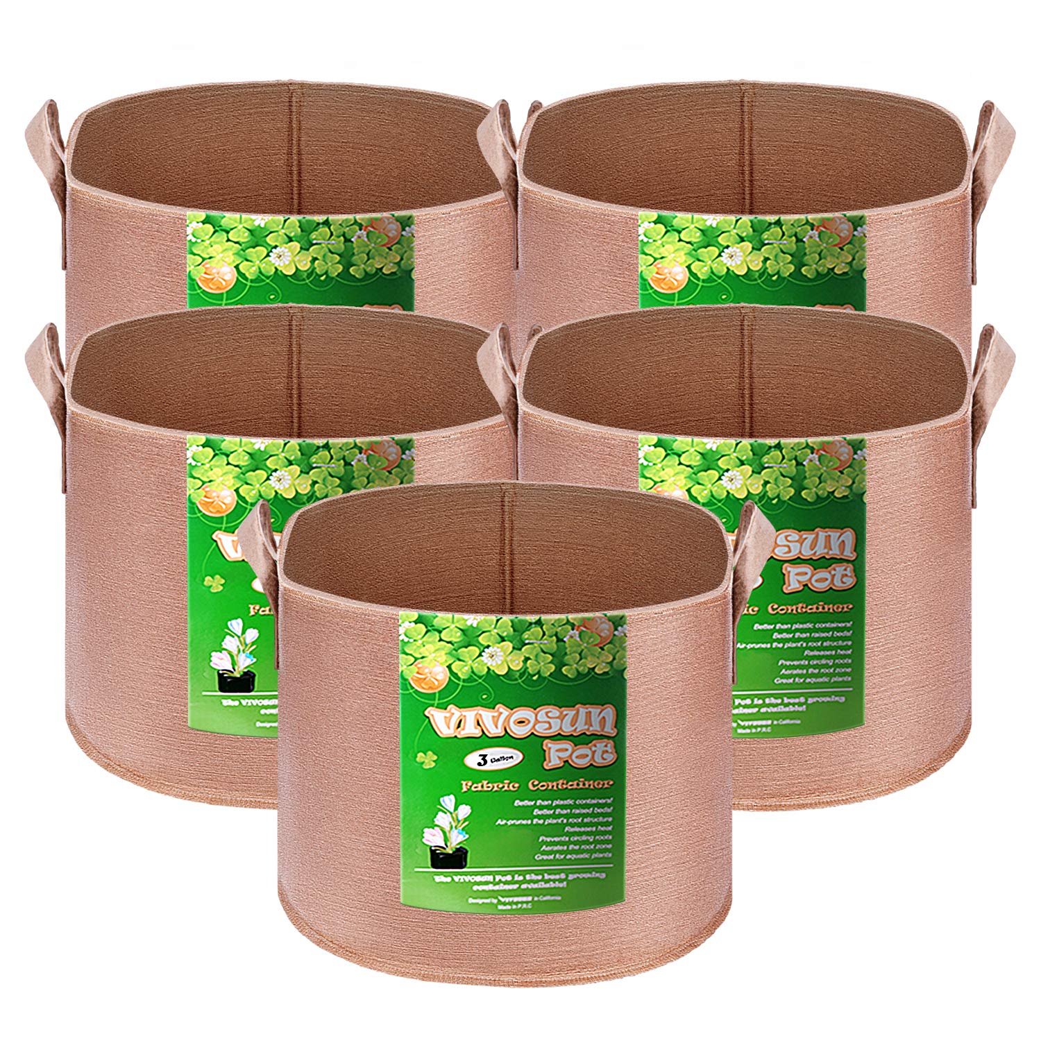 VIVOSUN 5-Pack 3 Gallons Grow Bags Heavy Duty Thickened Nonwoven Fabric Pots with Strap Handles Tan