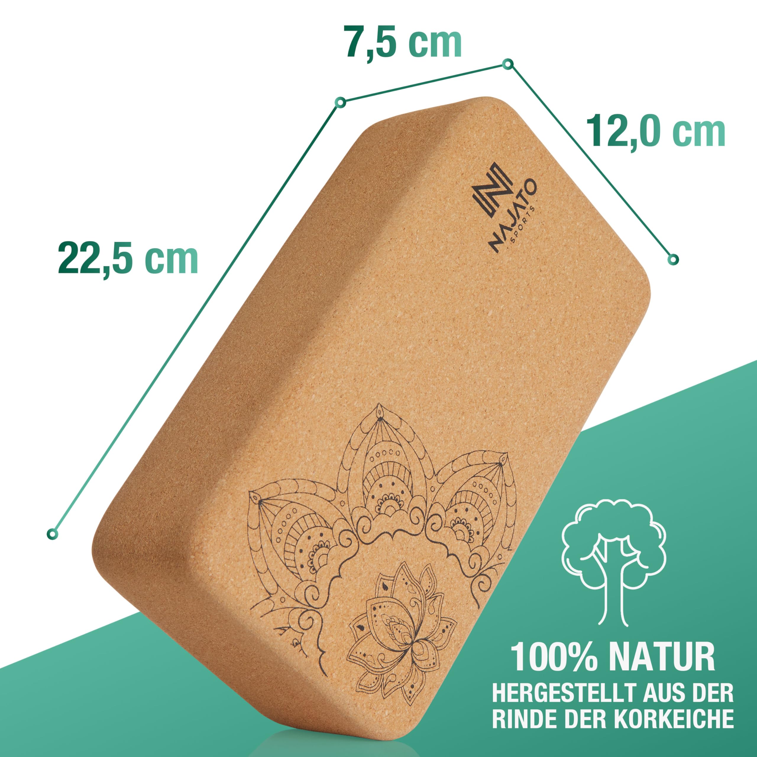 NAJATO Sports Yoga Block Kork 2er Set – Yogablock inkl. E-Book (PDF Datei) – Yogaklotz für Pilates und Meditation – Aus natürlichem Material