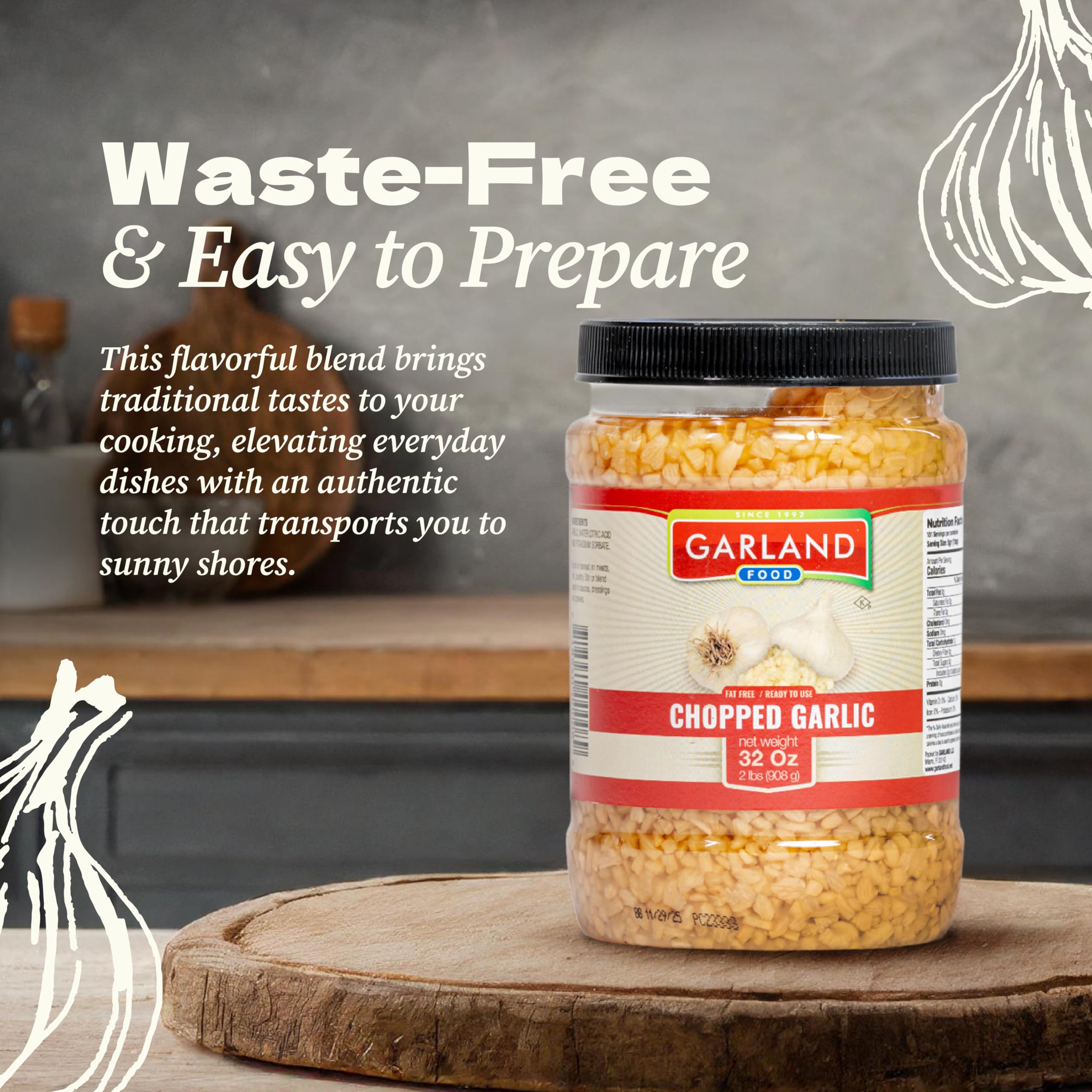 Garland Food Chopped Garlic in Jar - Convenient Garlic Chopped in Water for Cooking, Time-Saving Prep & Seasoned Dishes - Made in the USA (32 oz)