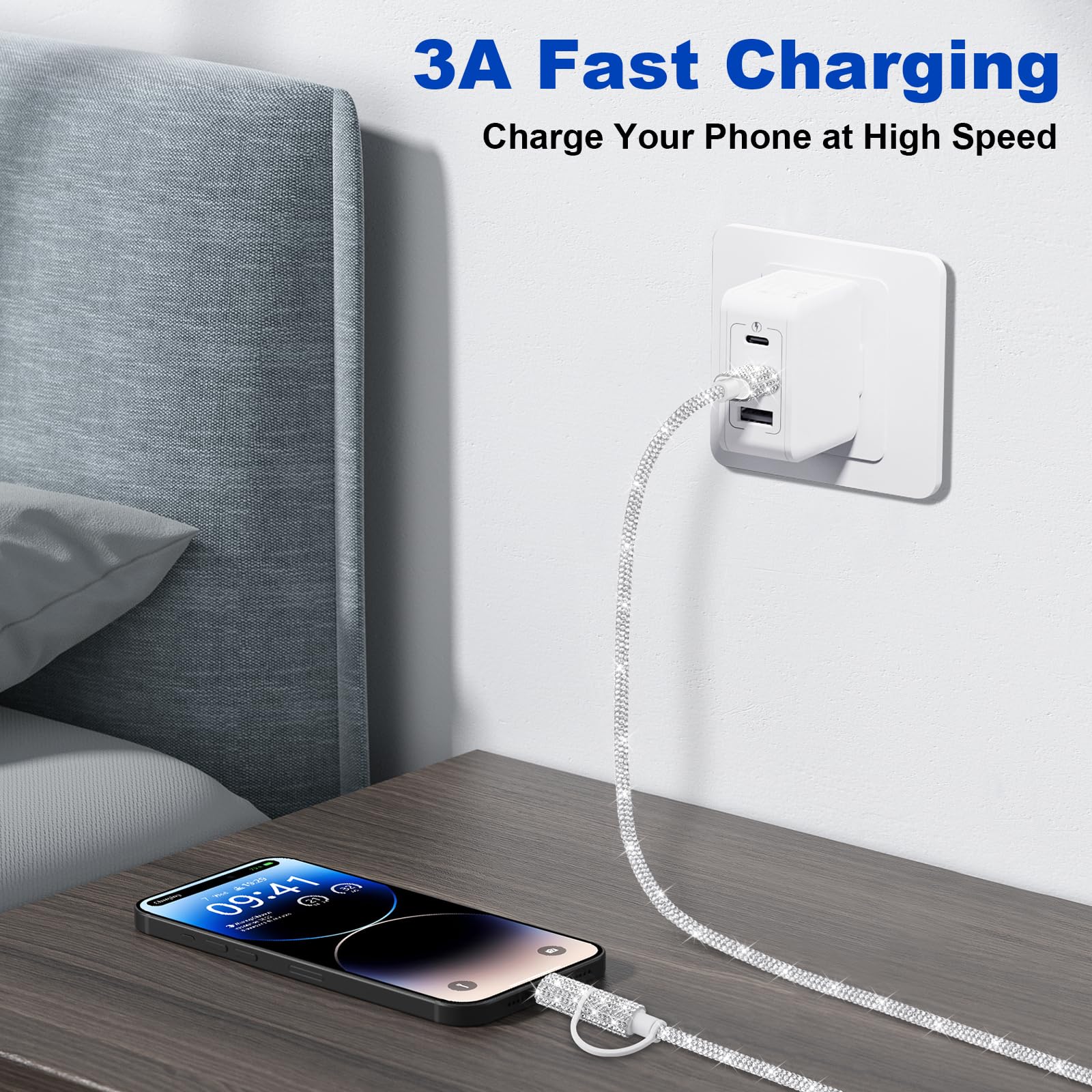 VOFUOE Cavo di ricarica USB C per iPhone 2 in 1, multi cavo di ricarica scintillante da USB A a USB C a iPhone, ricarica rapida, 1,2 m, per ragazze e donne, per iPhone 16 Pro Max per iPad 10a