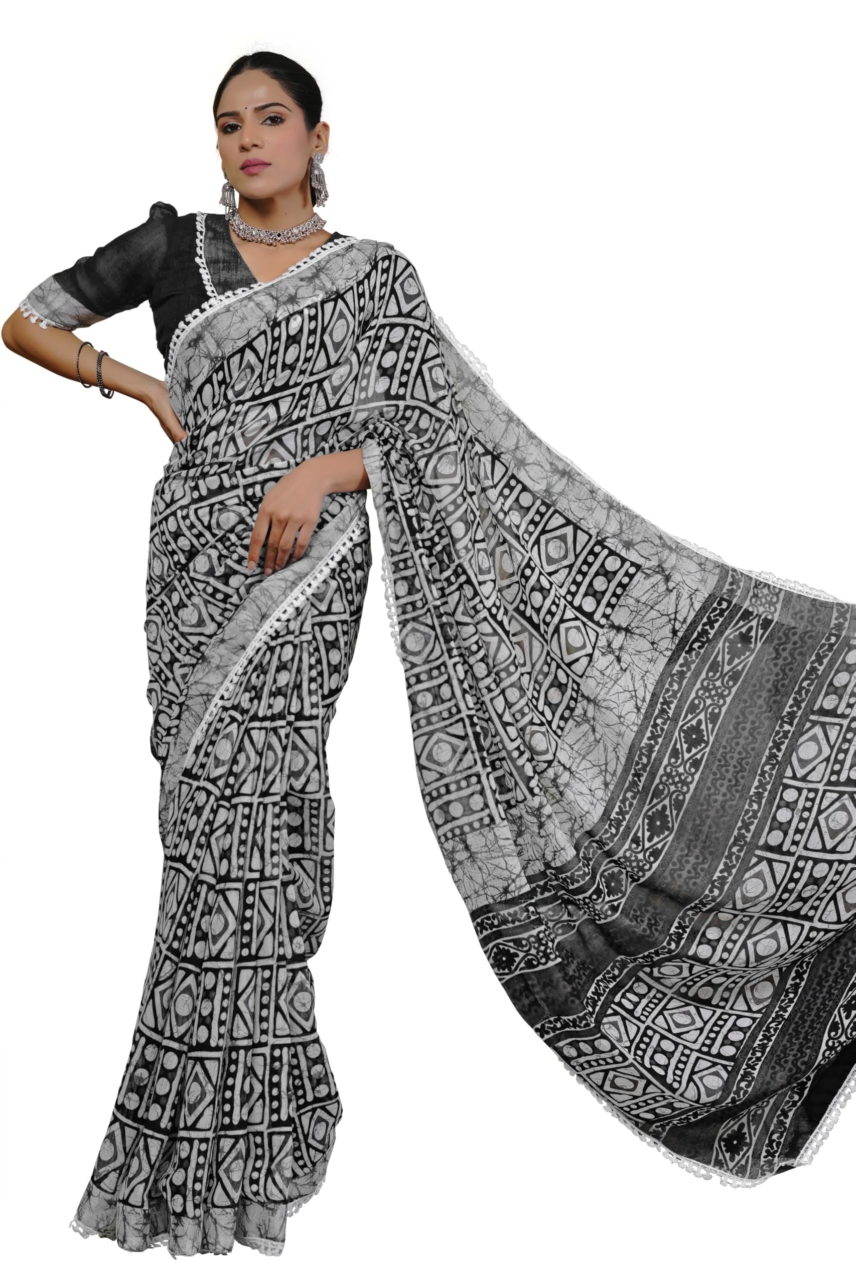 mirchi fashion Batik Block Printed Pre-Stitched Saree with Pocket || 1 Min Drape Cotton Blend Saree for Women || Traditional Saree for Wedding Guest & Ceremonies-picture-12