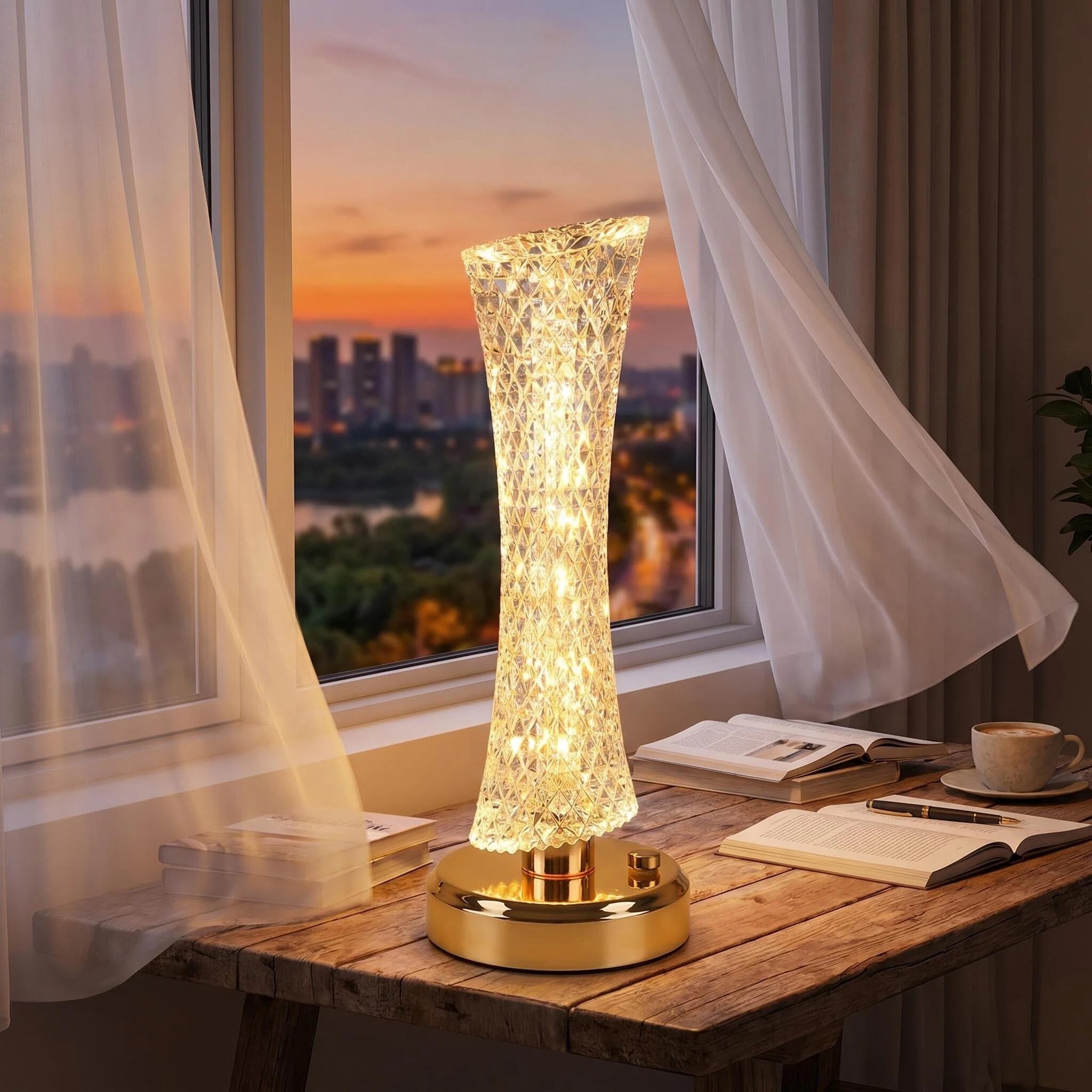 Falafoty Bedside Lamps, Touch Control Table Lamp, LED Crystal Lamp 3-Way Stepless Dimmable, Rechargeable Operated Lamp Decorative Light for Living Room Bedroom Study Dorm Office Home Decor (Tower)