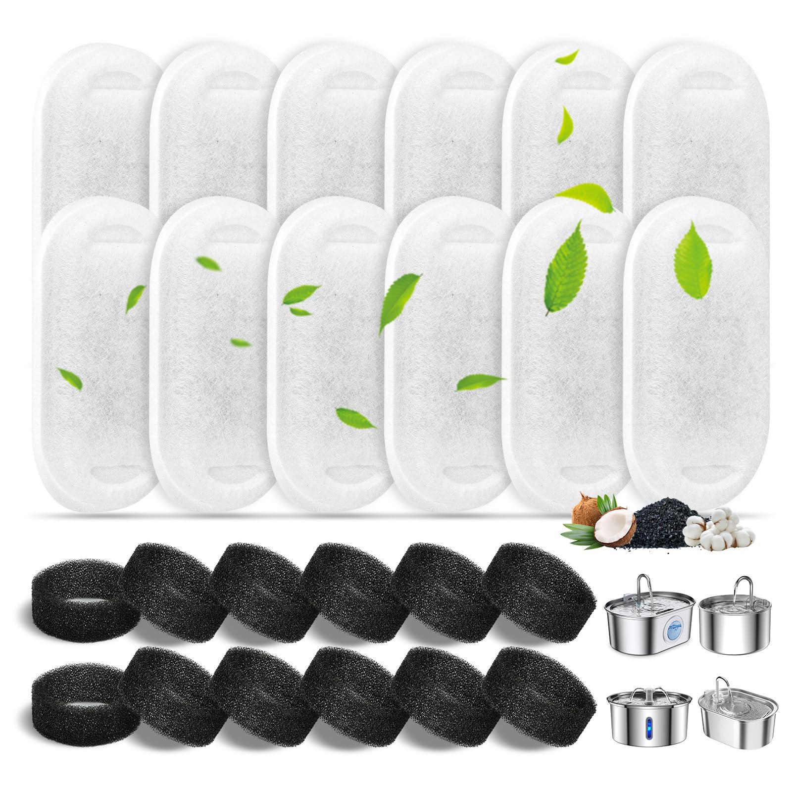 Alaoo Cat Water Fountain Filters, 12 Pcs Pet Water Fountain Filters, Activated Carbon Filter & Black Foam Filter