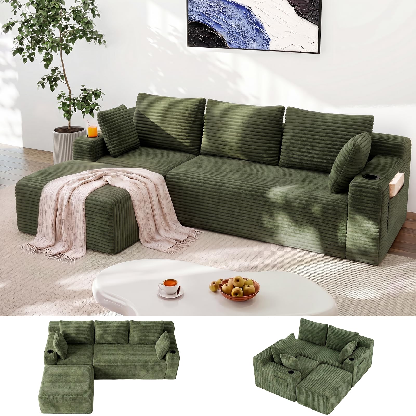 HAUSPROFI Ecksofa l-Form mit Getränkehalter & Seitentaschen, Boneless Couch,Modulares Sofa 5 Kissen,Cord Couch mit Schlaffunktion, Cord Sofa für Wohnzimmer, Ohne Montage, 266 x 170 x 83cm, Grün
