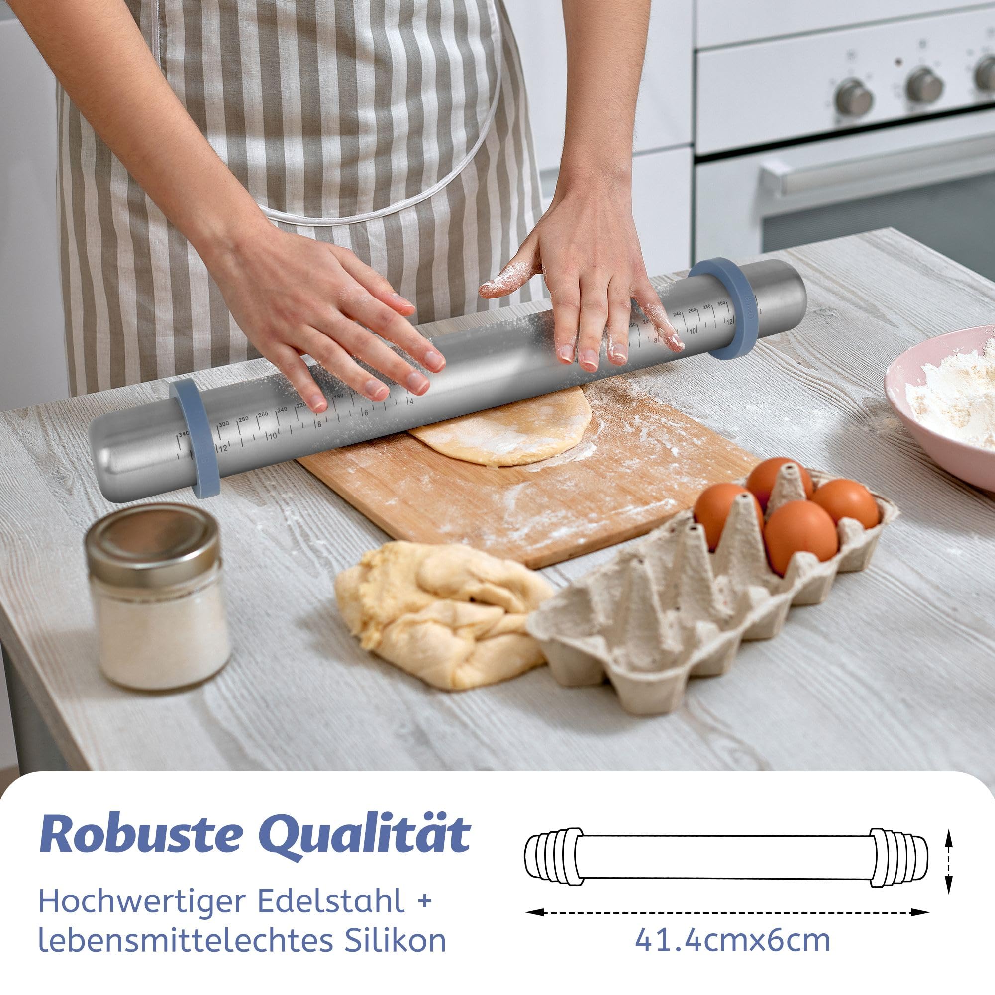 Novent wałek do ciasta regulowany, duży wałek do ciasta ze stali nierdzewnej, antyprzywierający metalowy wałek do ciasta, do fondantu, z odpinanym pierścieniem w 4 rozmiarach, akcesoria do pieczenia