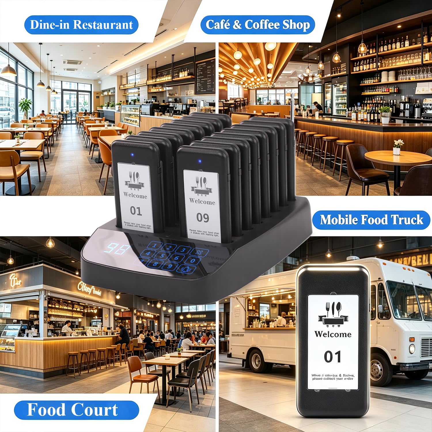 Sistema de buscapersonas de restaurante, 16 captadores inalámbricos, teclado de visualización táctil, llamadas a clientes esperando buscapersonas con flash de vibración y zumbador para cola