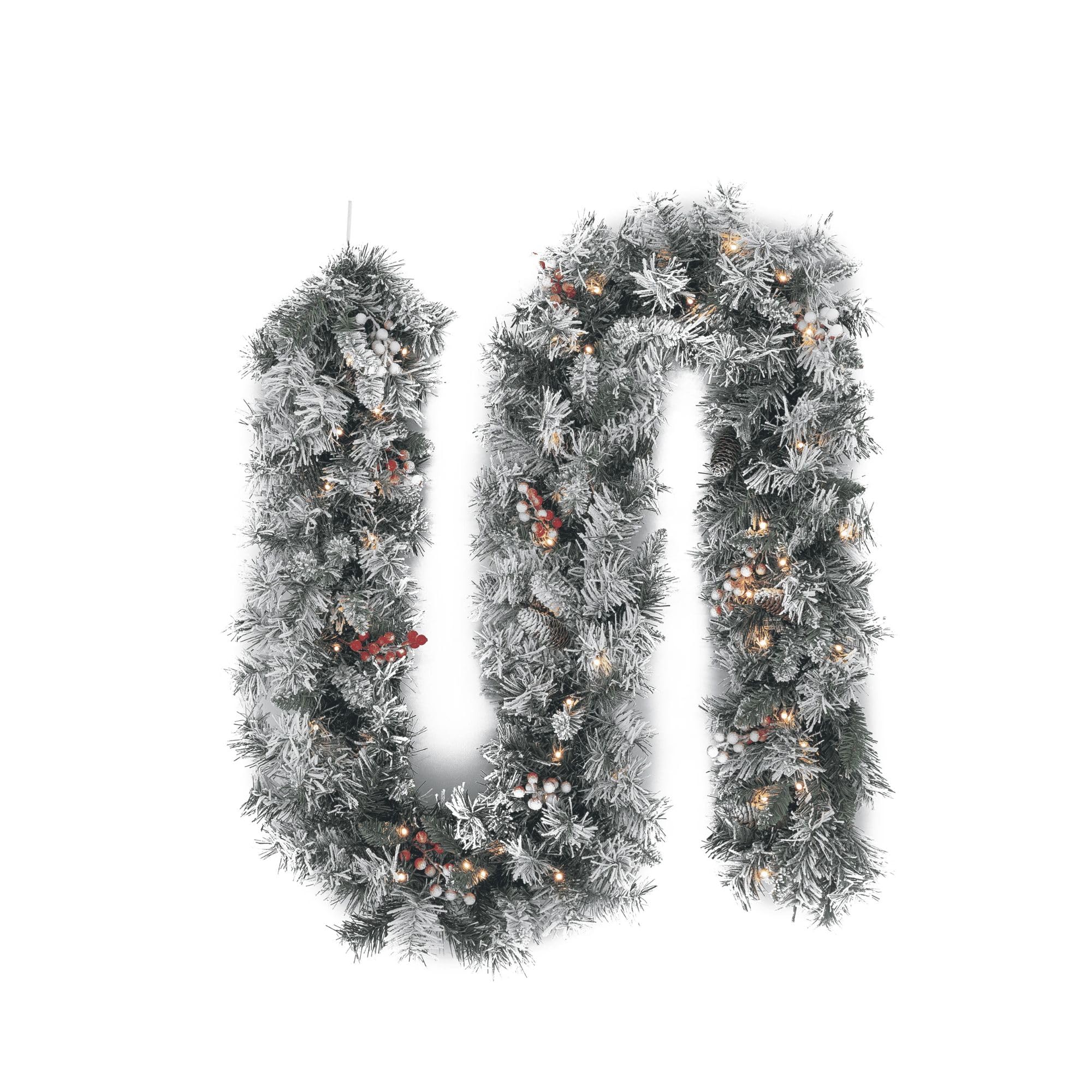 EVRE Pre-Lit Christmas Garland Snow Frosted Artificial Pine with 50 LED Lights, Red Berries & Pine Cones, Fire-Resistant PVC Indoor Xmas Decoration for Fireplace & Stairs(9ft/275cm).
