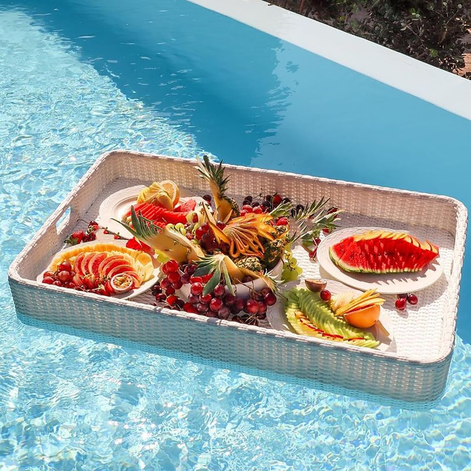 Vassoio Galleggiante Extra Large Deluxe per Piscina, Bar Galleggiante per Piscina, galleggianti in Rattan Intrecciato per Piscina per Adulti, Rectangle-White