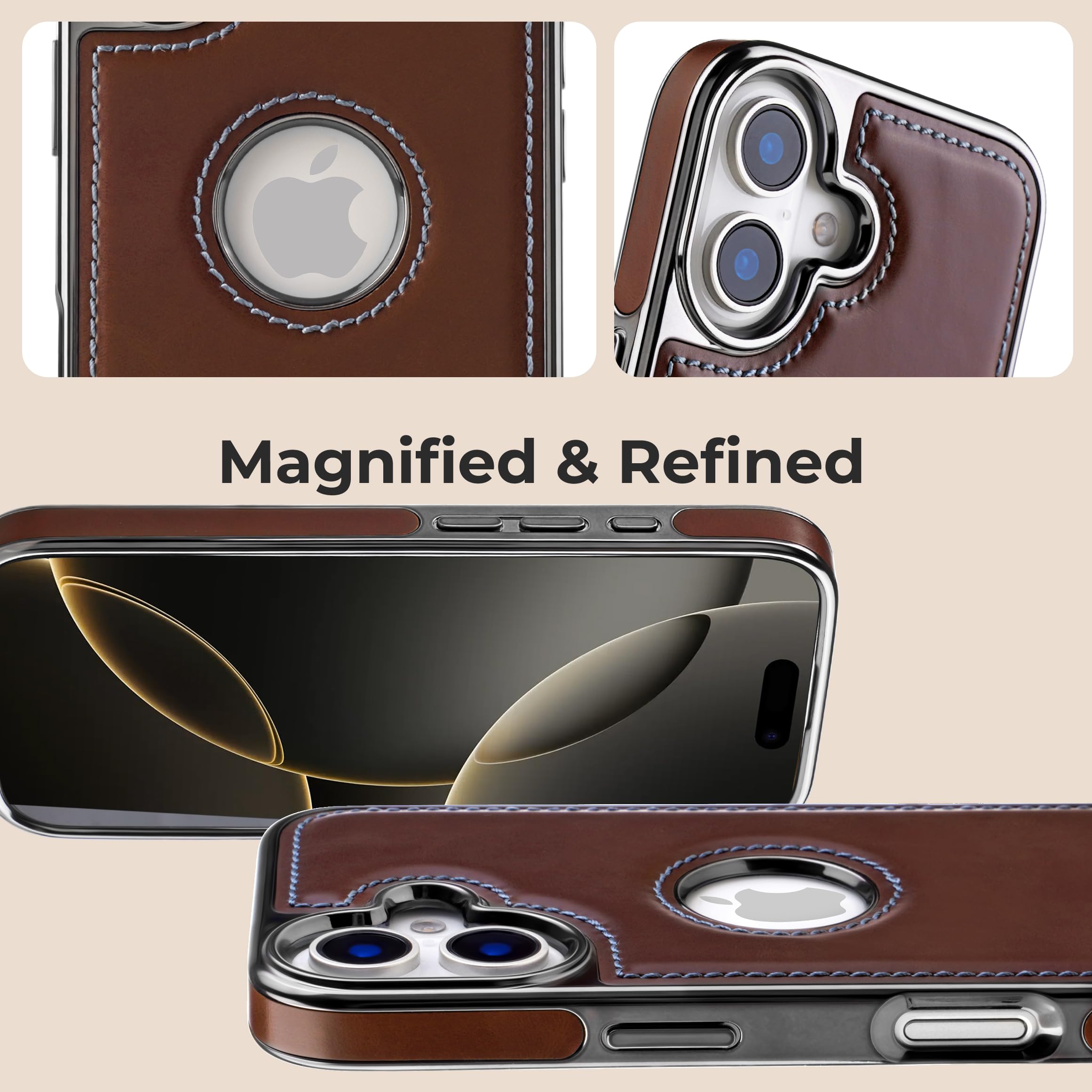 PULOKA Chrome Leather Back Case - Compatible with iPhone 17 - Premium Bumper Case - Flexible Vegan Leather - Electroplated Sides & Logocut - Full Camera Protection & Raised Edges - (Brown) — Amazon image 5