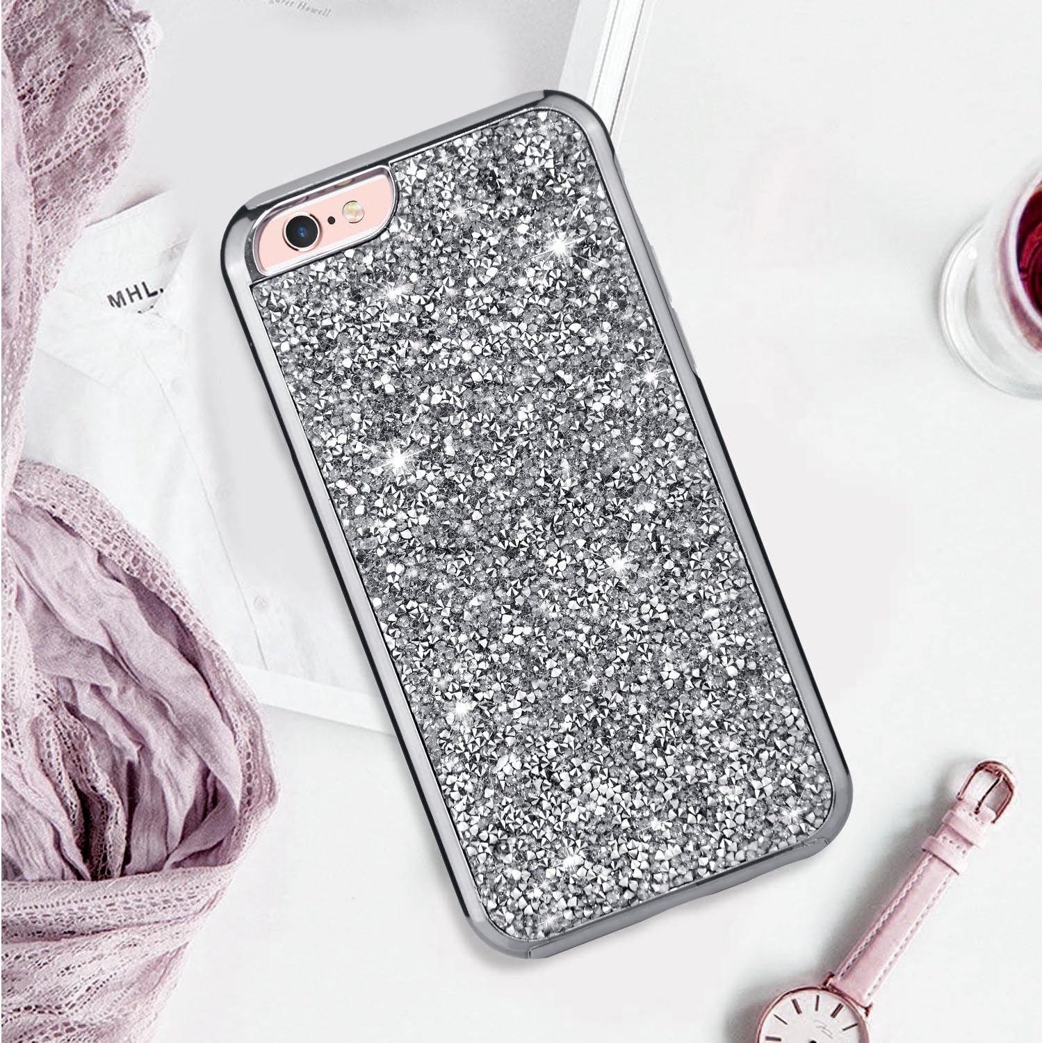 UrbanDrama iPhone 6S Case, iPhone 6 Case, Luxury Glitter Bling Sparkly Rhinestone High Impact Dual Layer Shockproof Hard PC, TPU Anti Slip Bumper Protective Case for iPhone 6, 6S 4.7 inches, Black