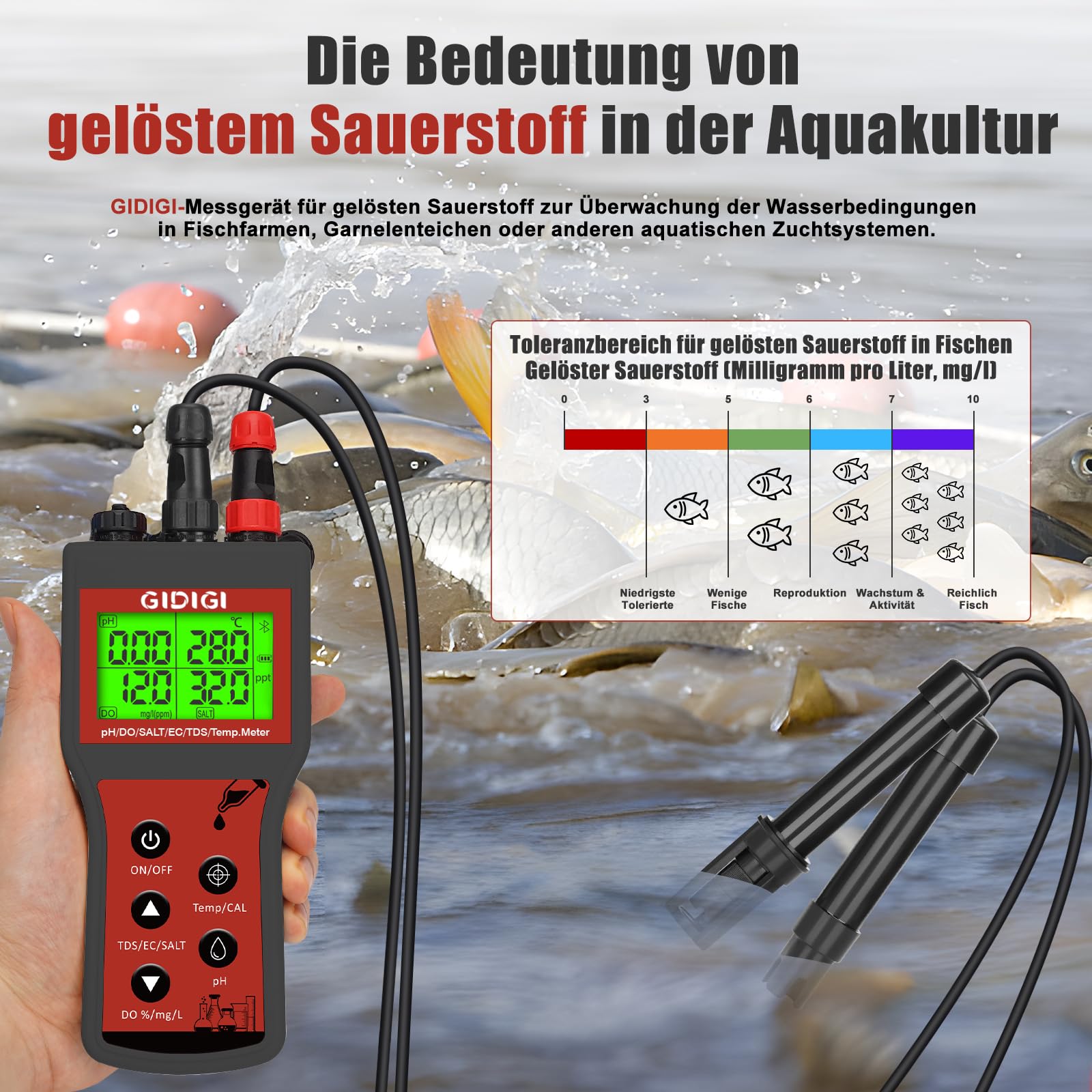 Messgerät für gelösten Sauerstoff für Wasser, 6-in-1 Smart DO, pH, Salzgehalt, TDS, EC, Temperatur, mit automatischer Kompensation für Teiche, Aquarien, Wassertests, Wasserqualitätstester, Teich-Saue