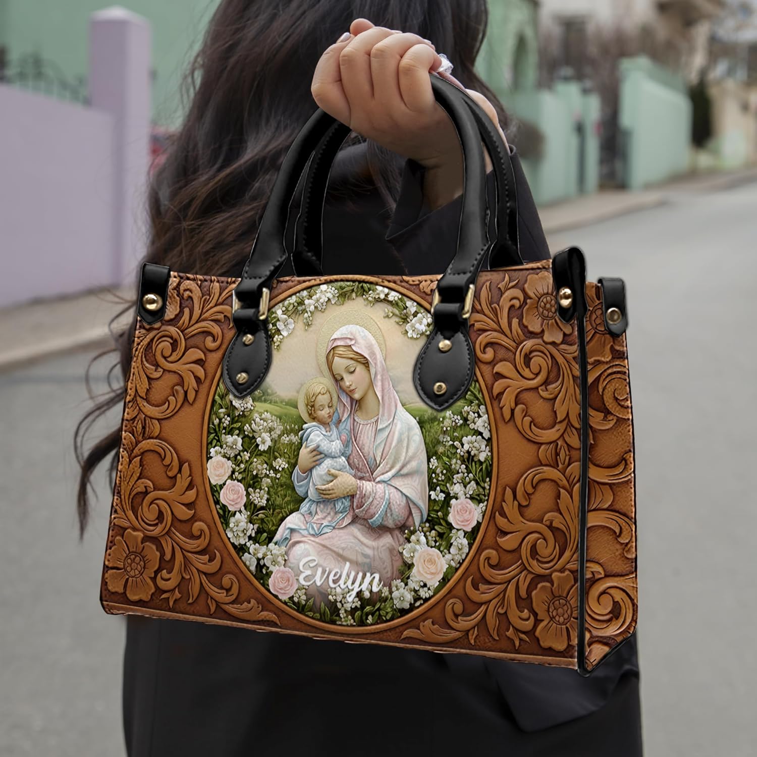 Personalized Virgin Mary Inspired Leather Handbag – Custom Catholic Purse for Women, Christian Religious Satchel Bag Gift - Image 2