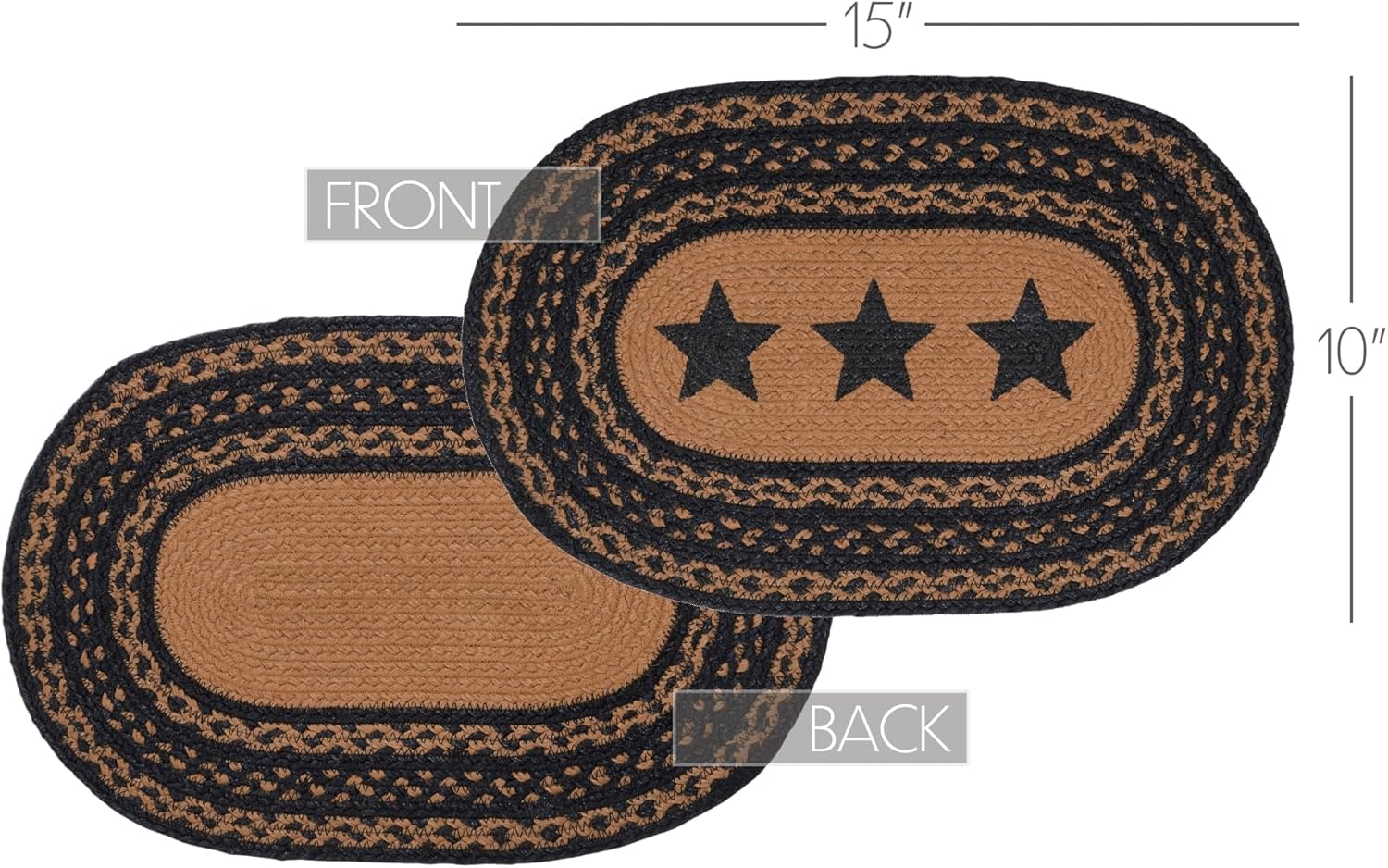 VHC Brands Farmhouse Star Dining Table Placemat, Braided Jute, Oval, Black Tan, 10x15, 4 Pack 4 Pack