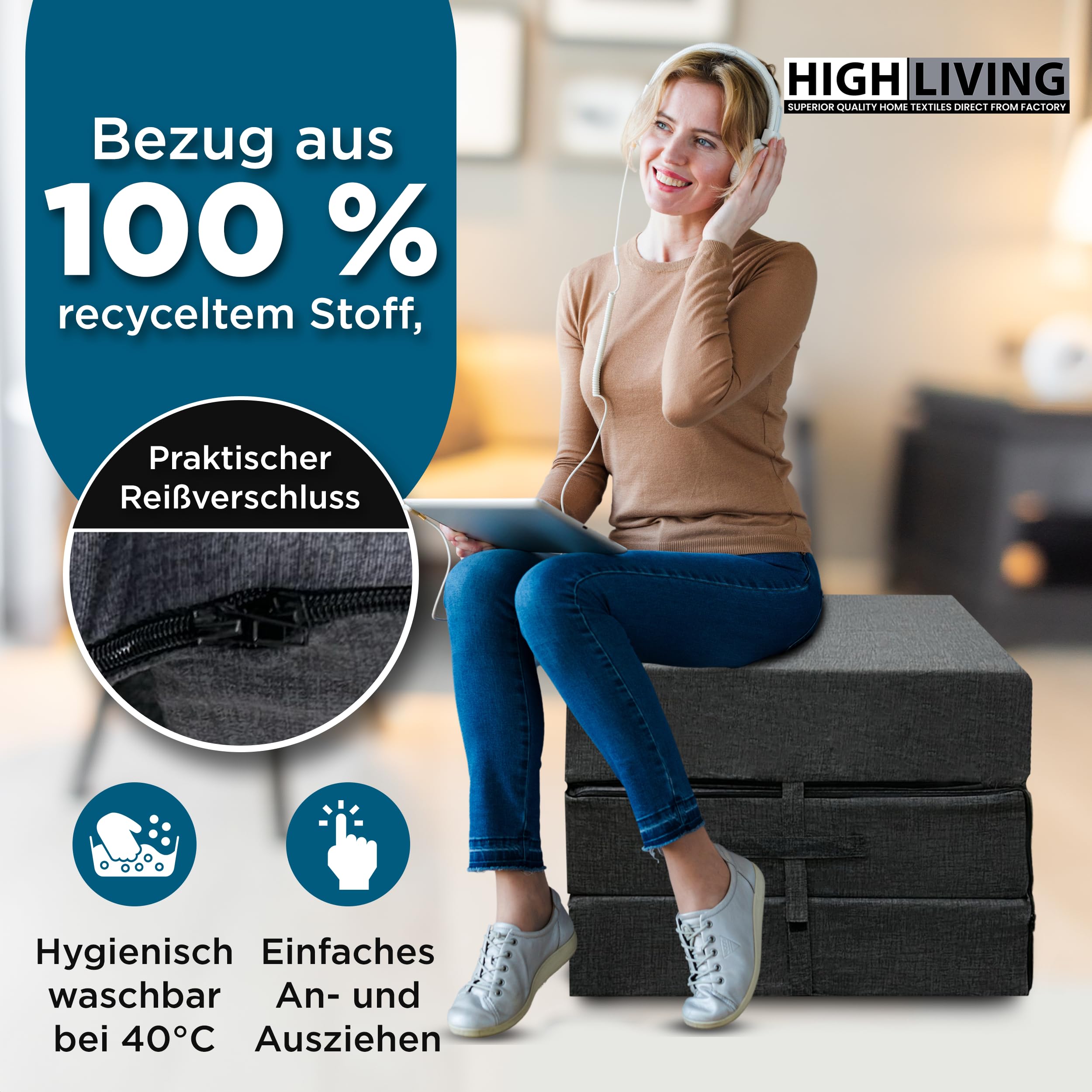 HIGH LIVING Materasso pieghevole in schiuma Gel Memory 195 x 75 x 15 cm, 3 pezzi, extra spesso, in schiuma, da campeggio, pavimento, per ospiti, grigio