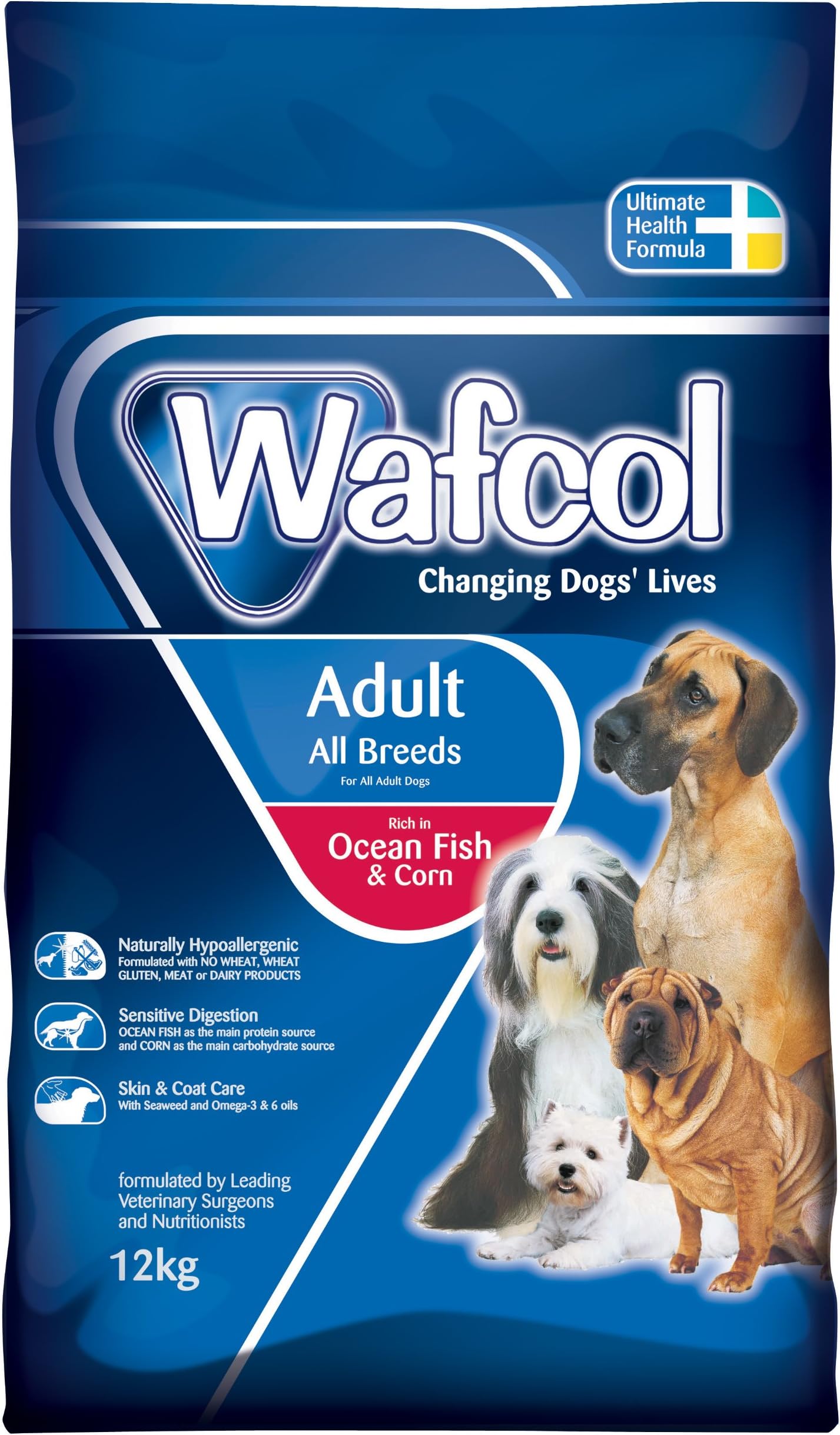 WAFCOL Adult Sensitive Dog Food - Rich in Ocean Fish and Corn - Hypoallergenic Suitable for All Adult Dog Breeds - 12kg Pack - Aids Digestion, transparent