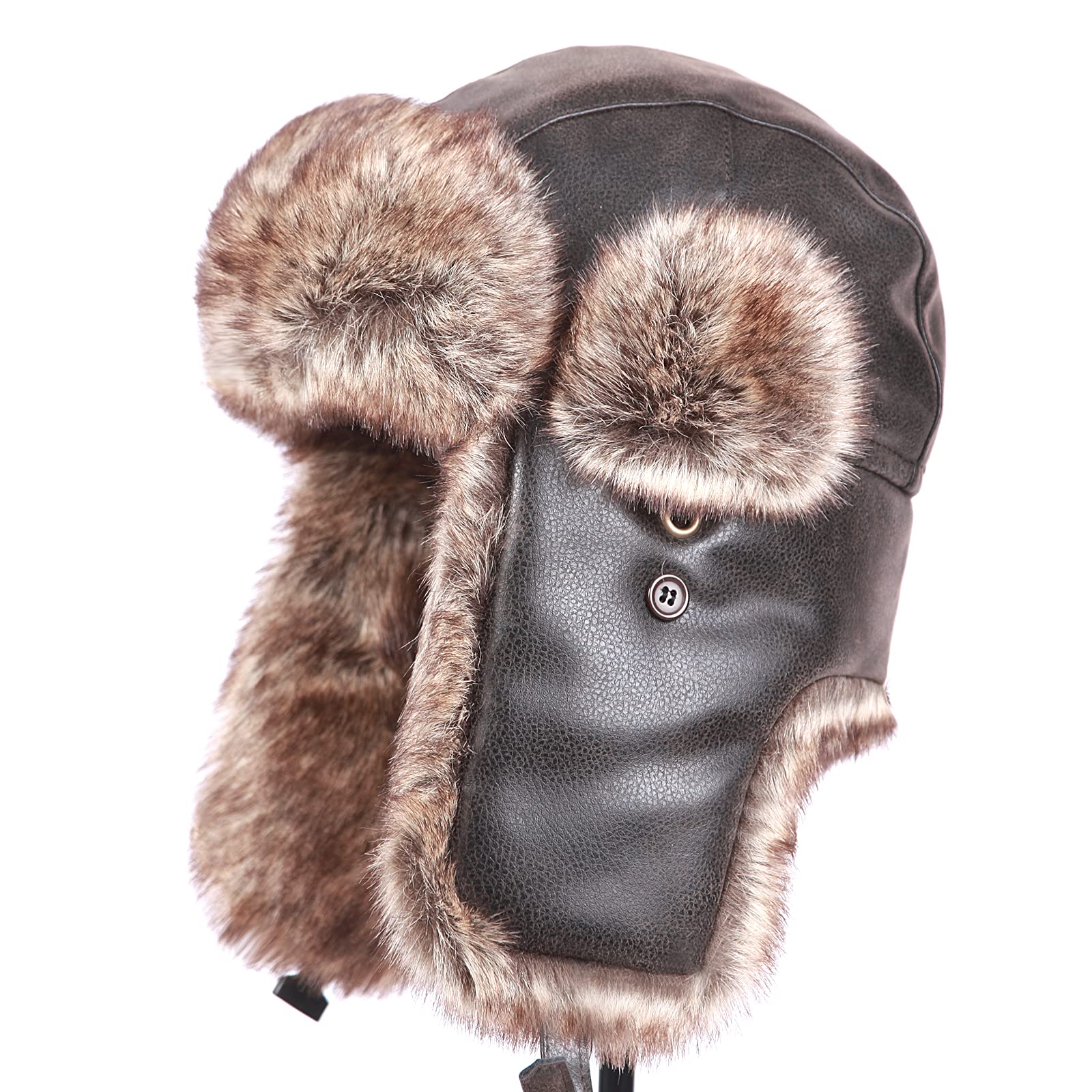 AUTUMNMUSIC Unisex Winter Aviator Pilot Cap Earflap Hunting Trapper Hat Ski Snow Hats Waterproof Mountaineering Cycling Camping Brown Leather 58cm