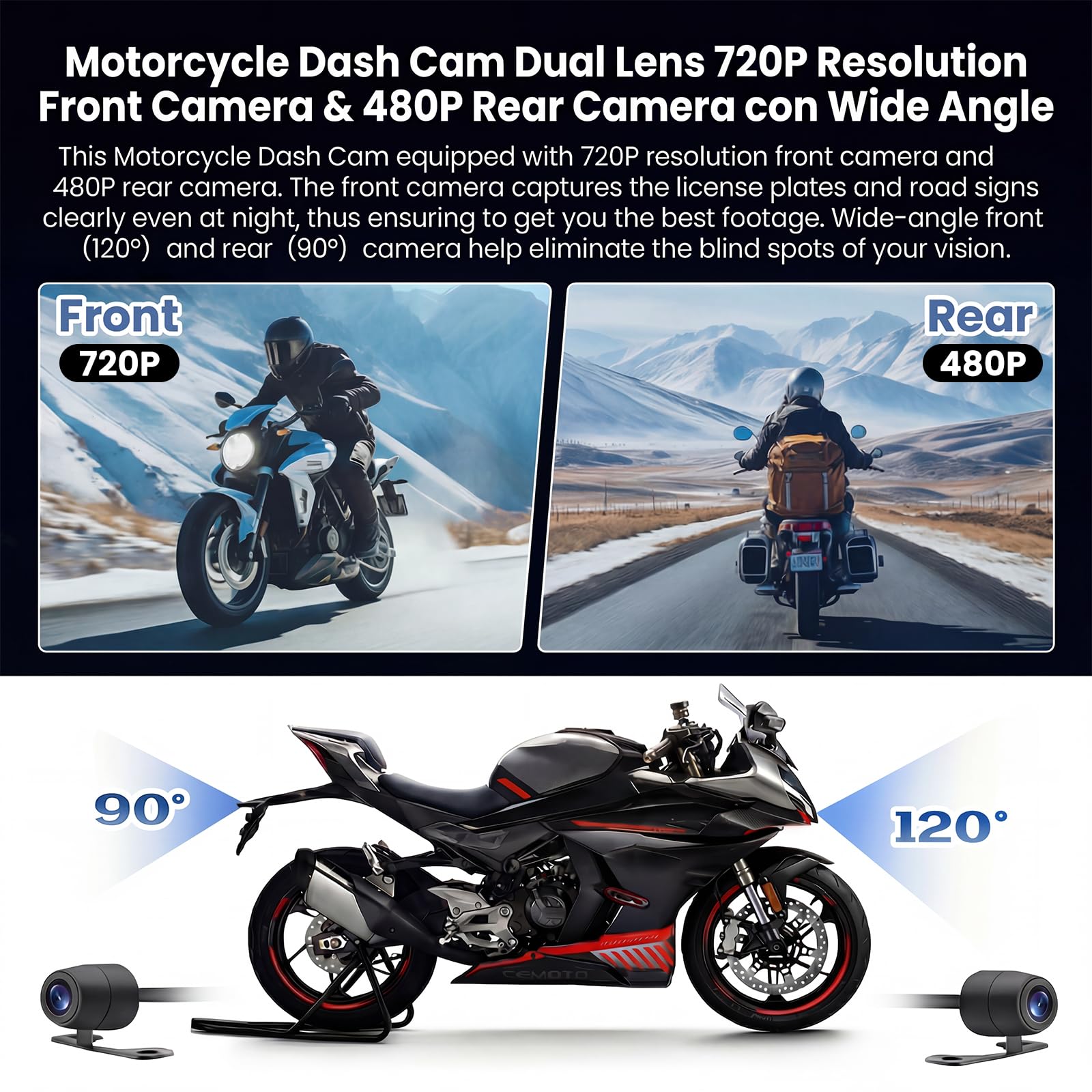 SIXTOP HDR Motorrad-Dashcam (vorne und hinten), 2 Zoll Dual Objektiv Motorrad Dashcam, IP67-Motorradkamera mit Loop-Aufnahme, G-Sensor, Parkmodus, Weitwinkel, Nachtsicht, kabelgebundene Steuerung