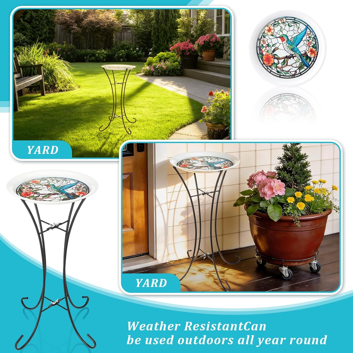 LEIFIDE 23 inch Metal Bird Bath for Outside Birdbath Bowl Topper with Foldable Pedestal Metal Stand Hummingbird Pattern Bowl Freestanding Birdbaths Birdfeeder for Outdoors Patio Yard Lawn Decor