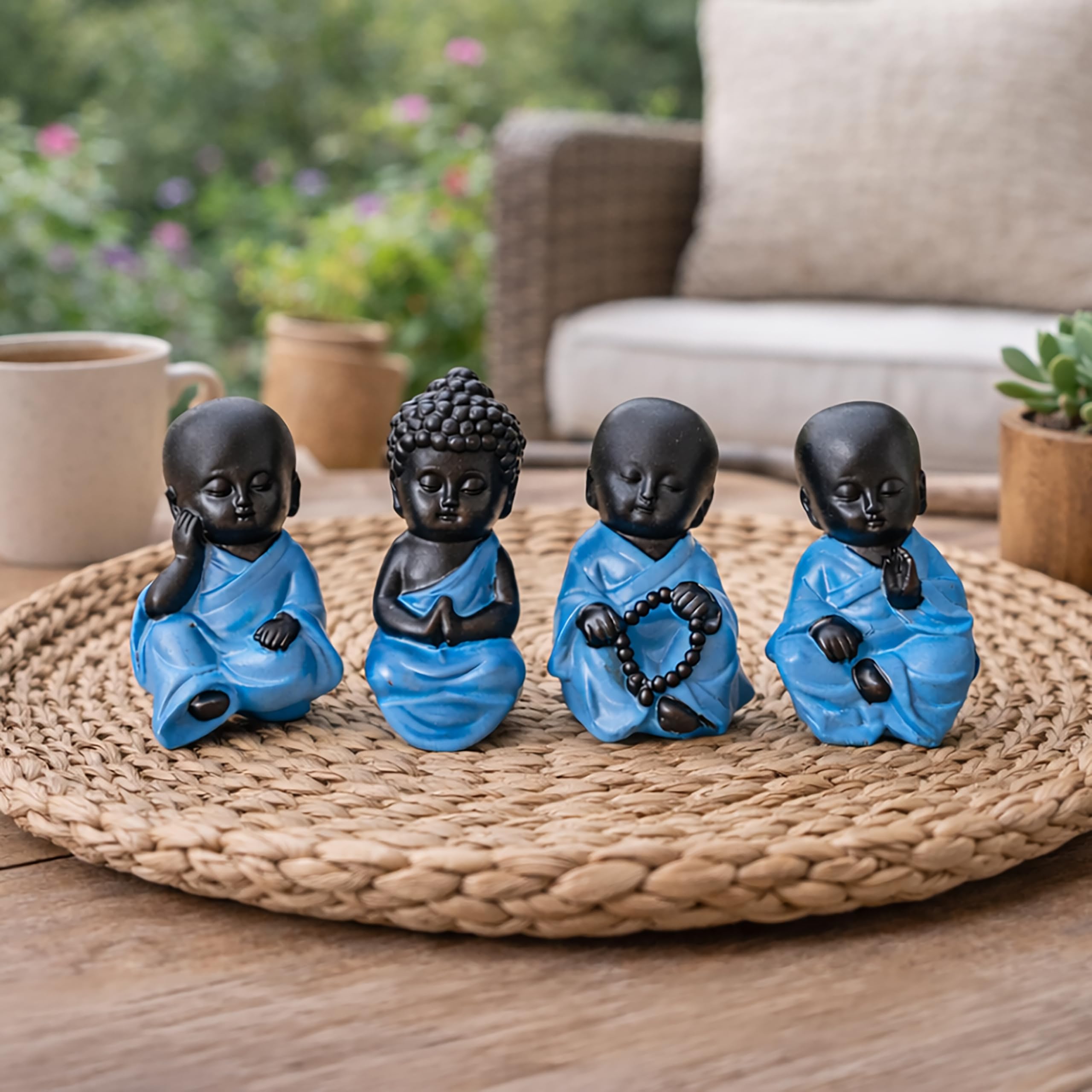 Garden Mile Blue & Brown Set Of 4 Mini Buddha Figurines Small Resin Zen Ornaments For Home Decor, Desk, Shelf Or Garden Spiritual Decor Meditation Statues For Indoor Outdoor Use Waterproof Feng Shui Monk Figures