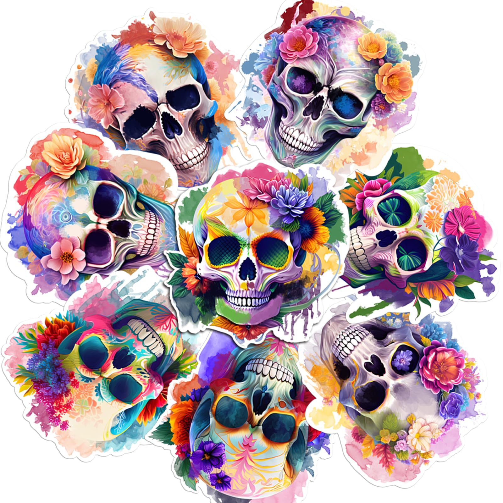 48pcs Halloween Sugar Skull Stickers, Dia de Los Muertos Mexican Day of Dead Stickers Decals, Floral Candy Skull Stickers for Laptop Water Bottle Luggage Bike Decor