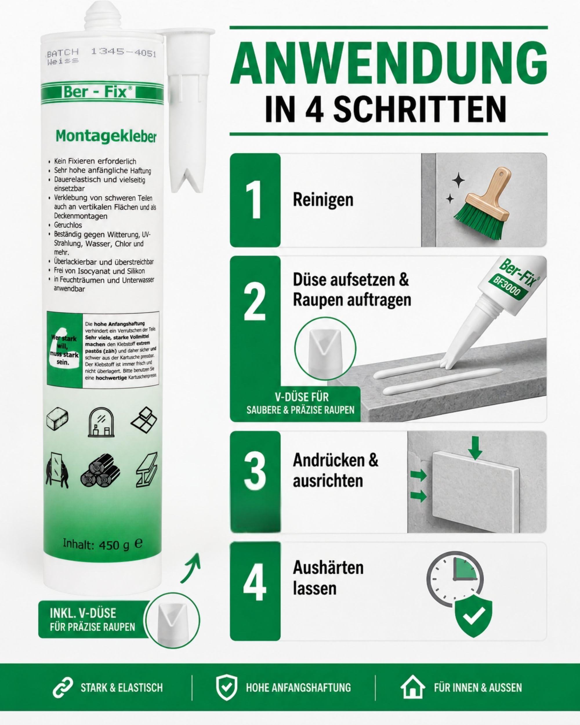 Ber-Fix Montagekleber nur Kleber extra stark weiß 3er Pack | Montagekleber nur Kleber weiß 3er Pack: Montagekleber für Kleben statt Bohren: geeignet für Leisten, Platten