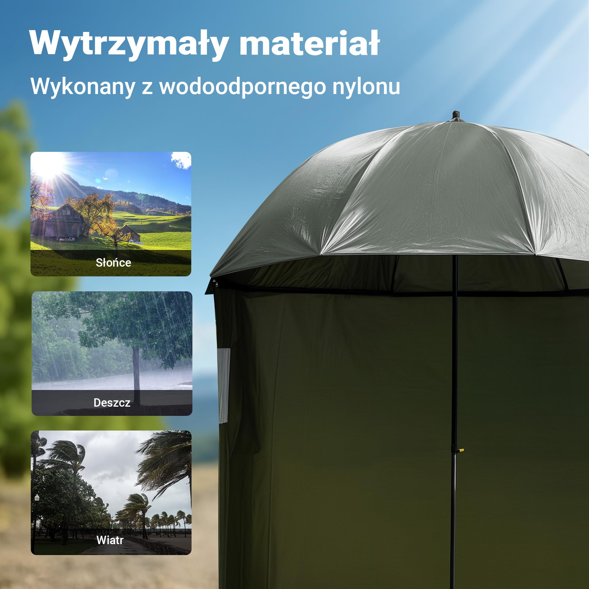 Wiltec Parasol wędkarski 250 cm z bokami i oknami, wodoodporny namiot parasolowy, duży parasol na ryby, sprzęt wędkarski dla ochrony przed wiatrem