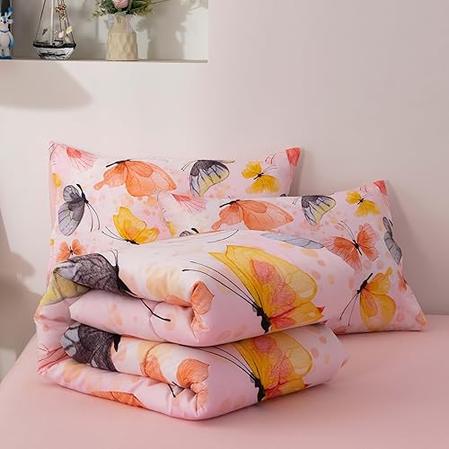 Miniatura 8 de Btargot Juego de edredón de 3 piezas con patrón de mariposas para niñas, juego de cama con estampado de tinta de colores para mujeres, naranja