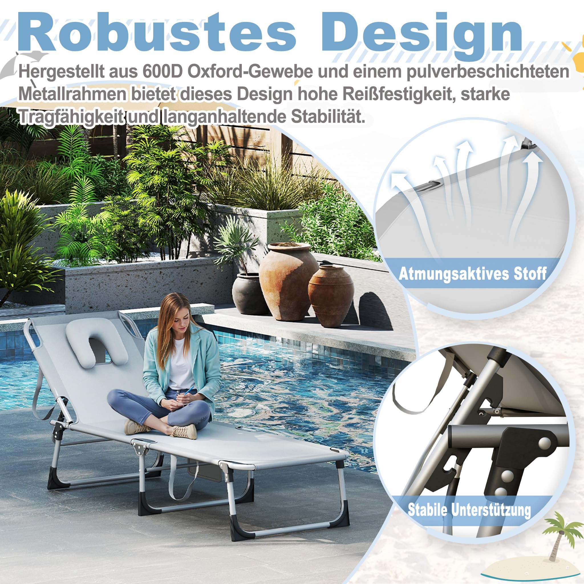 UISEBRT Faltbarer Sonnenliege 190cm – 4-Fach verstellbar Gartenliege mit Gesichtsausschnitt & abnehmbarem Kopfkissen,Liegestuhl belastbar bis 160kg mit Seitentasche für Pool Camping Terrasse,Hellgrau