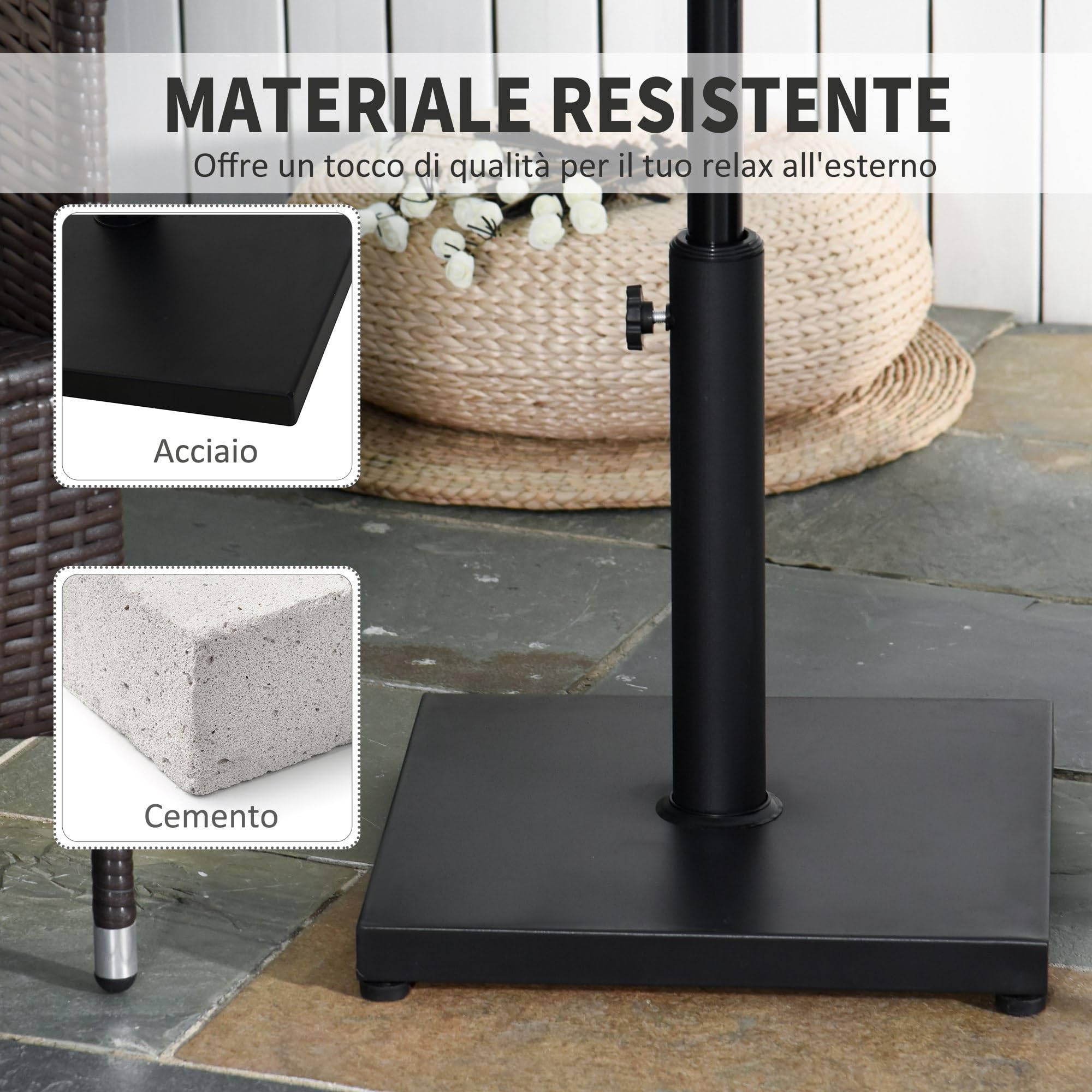 Outsunny Base per Ombrellone da 13 kg, Basamento Quadrato per Ombrelloni di Pali da Ø35/38/48 mm in Metallo e Cemento, Nero