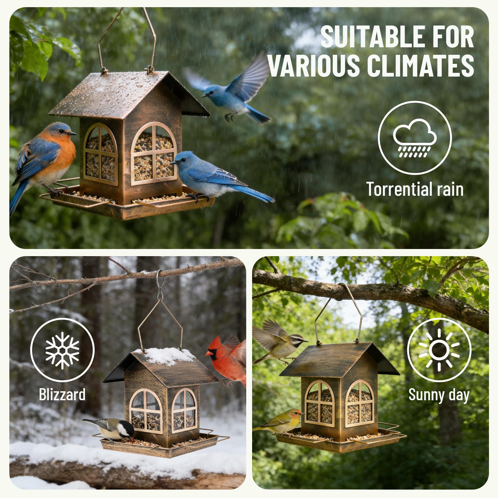 Bird Feeders Outdoor Hanging, Large Capacity Metal Wild Bird Feeder with Drainage Holes, Mangeoire Oiseaux Exterieur, Easy to Clean, Refill, Bronze Anti-Rust Decor for Garden - 4